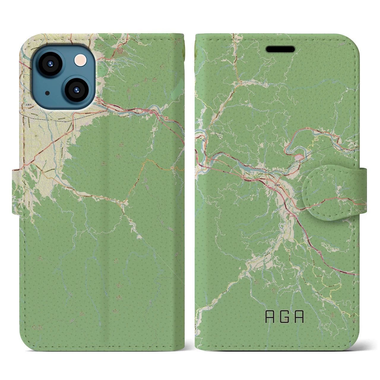 【阿賀(新潟県)】地図柄iPhoneケース(手帳タイプ)ナチュラル・iPhone 13 用