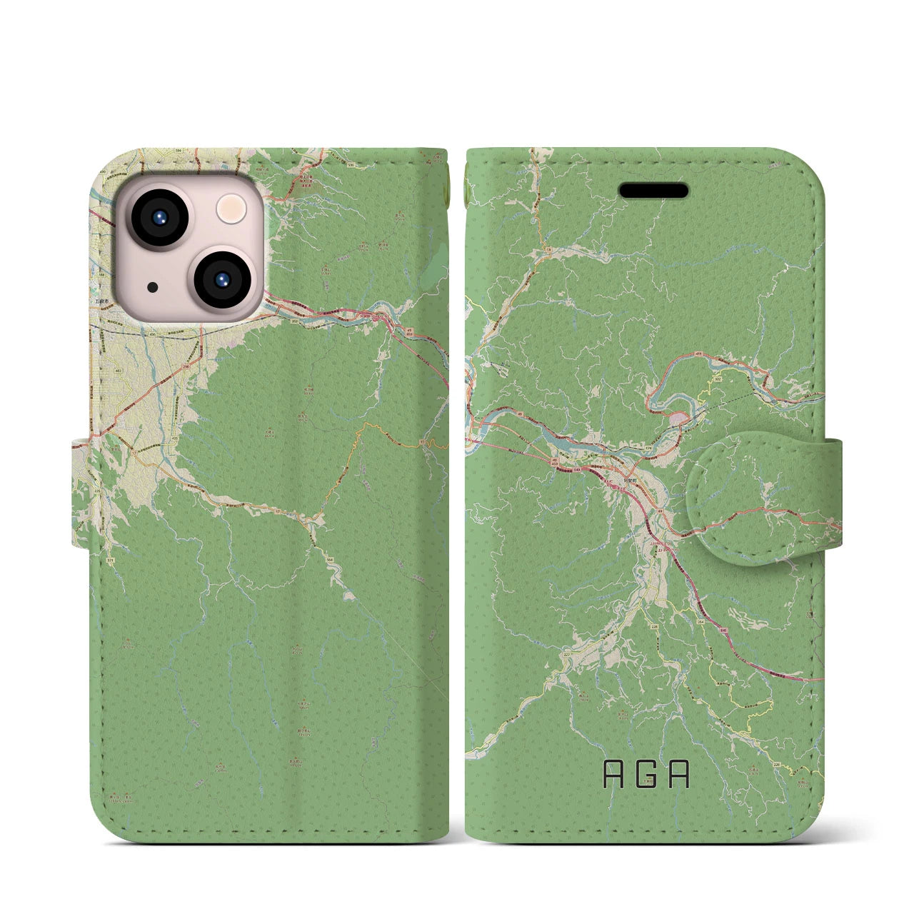 【阿賀(新潟県)】地図柄iPhoneケース(手帳タイプ)ナチュラル・iPhone 13 mini 用