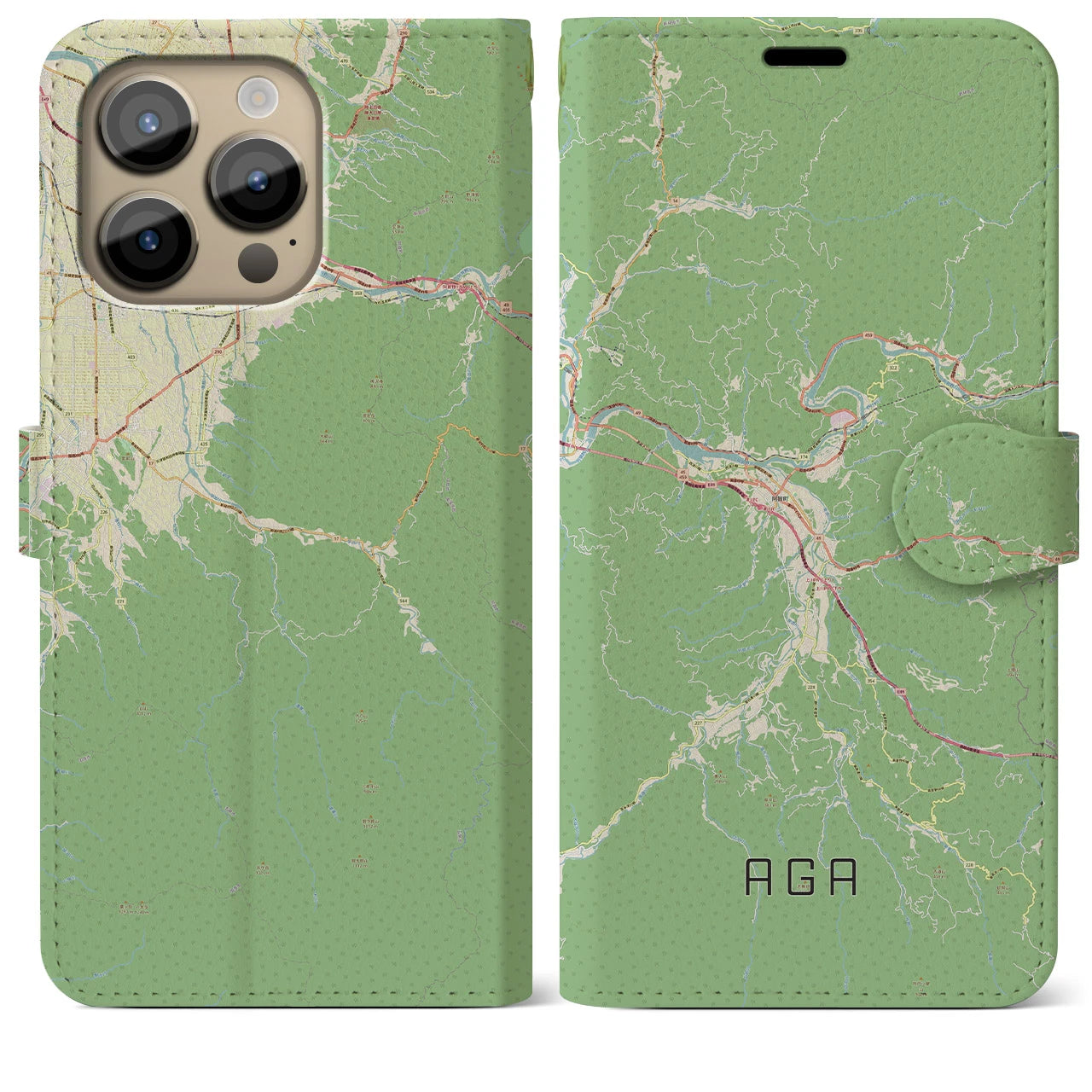 【阿賀(新潟県)】地図柄iPhoneケース(手帳タイプ)ナチュラル・iPhone 14 Pro Max 用