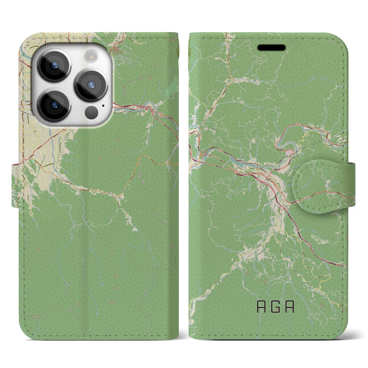 【阿賀(新潟県)】地図柄iPhoneケース(手帳タイプ)ナチュラル・iPhone 14 Pro 用