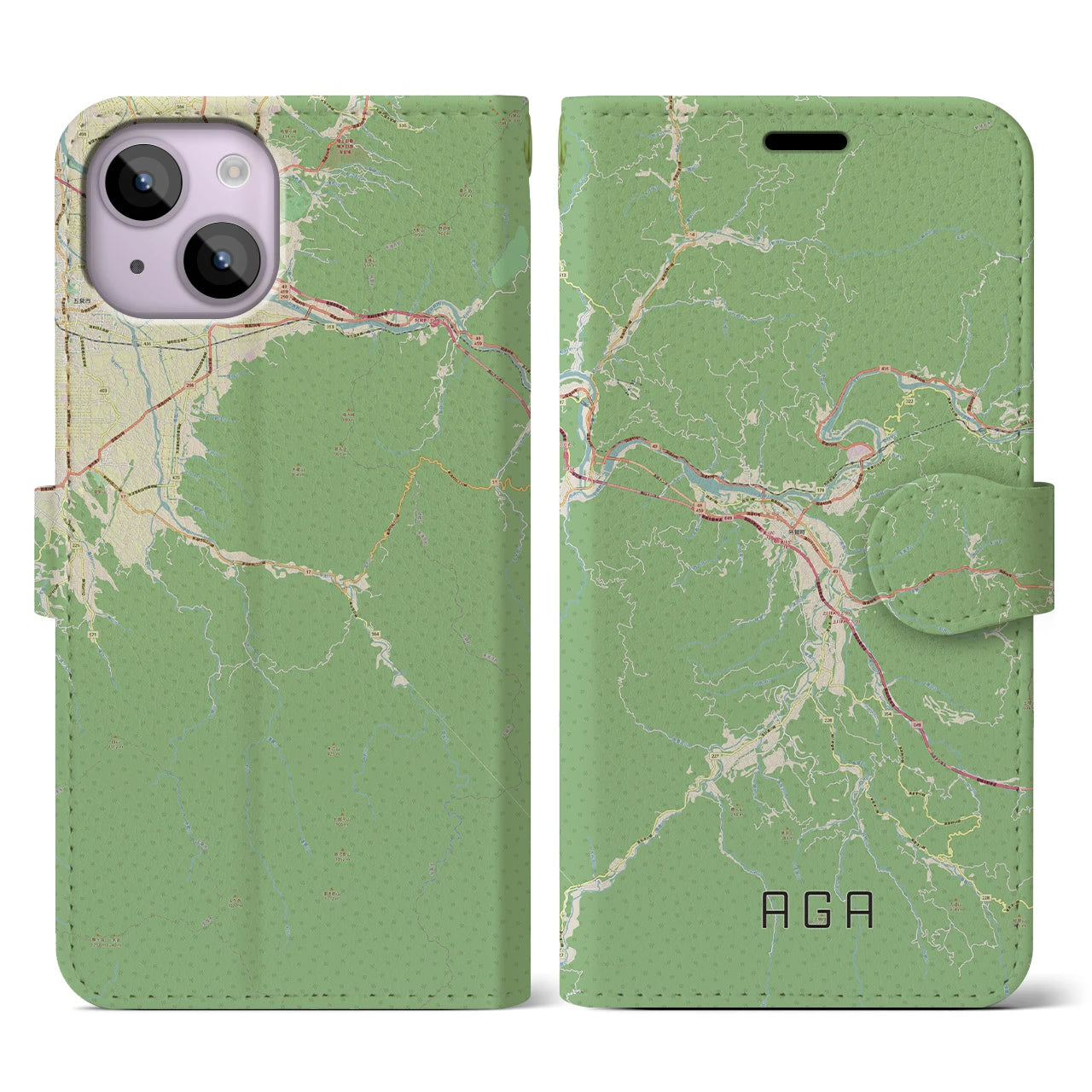 【阿賀(新潟県)】地図柄iPhoneケース(手帳タイプ)ナチュラル・iPhone 14 用