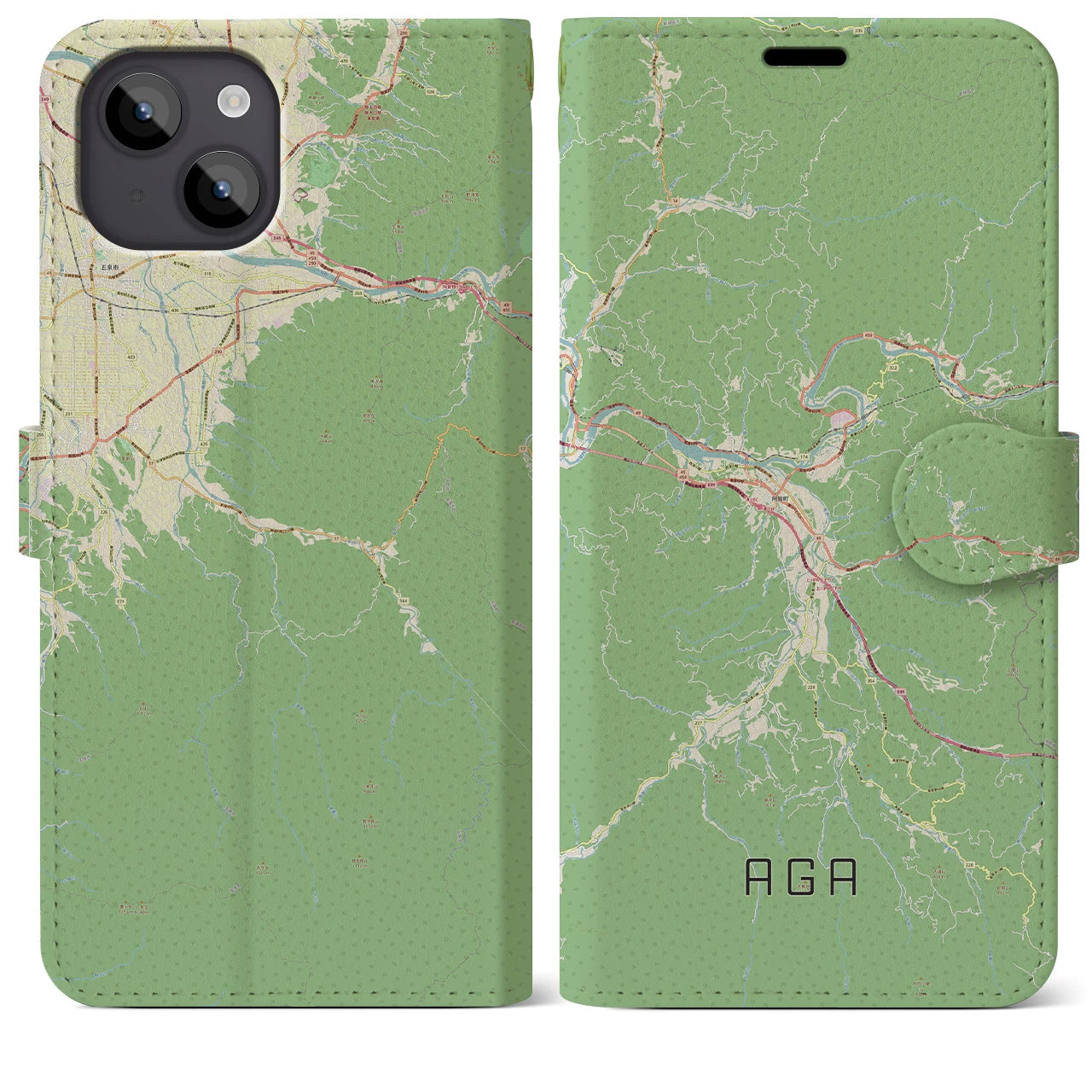【阿賀(新潟県)】地図柄iPhoneケース(手帳タイプ)ナチュラル・iPhone 14 Plus 用