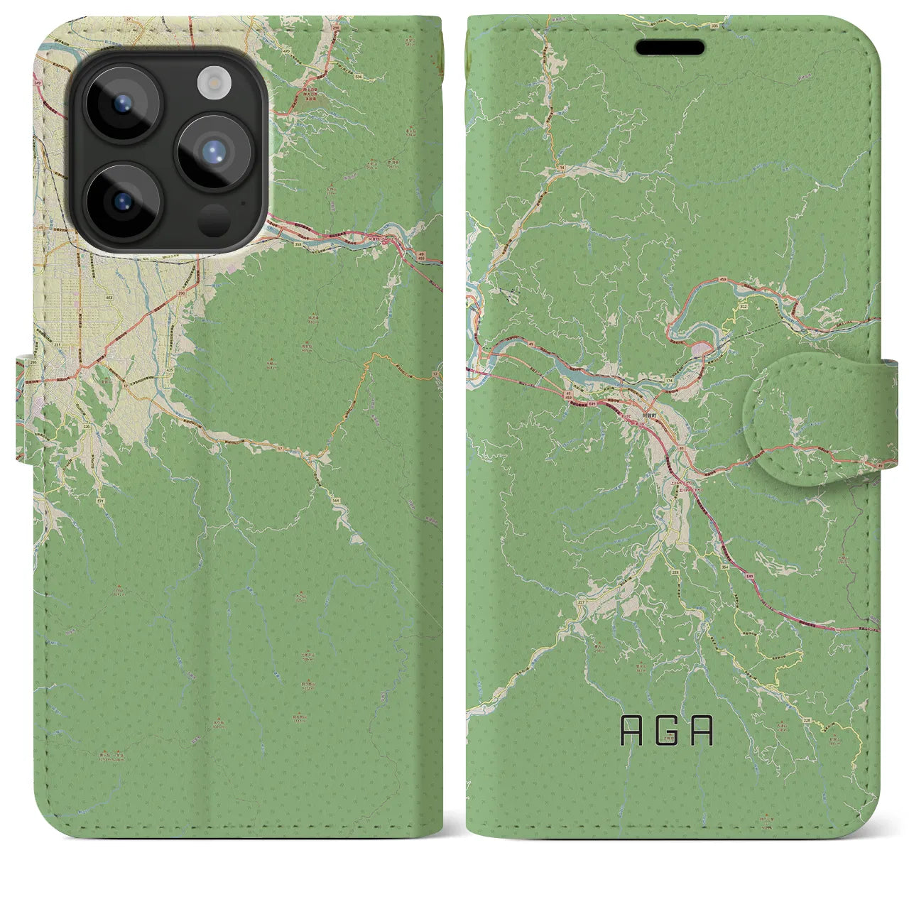 【阿賀(新潟県)】地図柄iPhoneケース(手帳タイプ)ナチュラル・iPhone 15 Pro Max 用