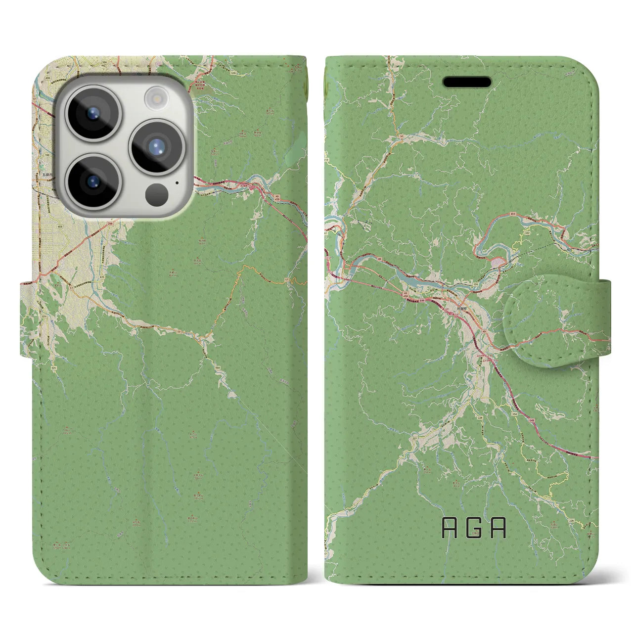【阿賀(新潟県)】地図柄iPhoneケース(手帳タイプ)ナチュラル・iPhone 15 Pro 用
