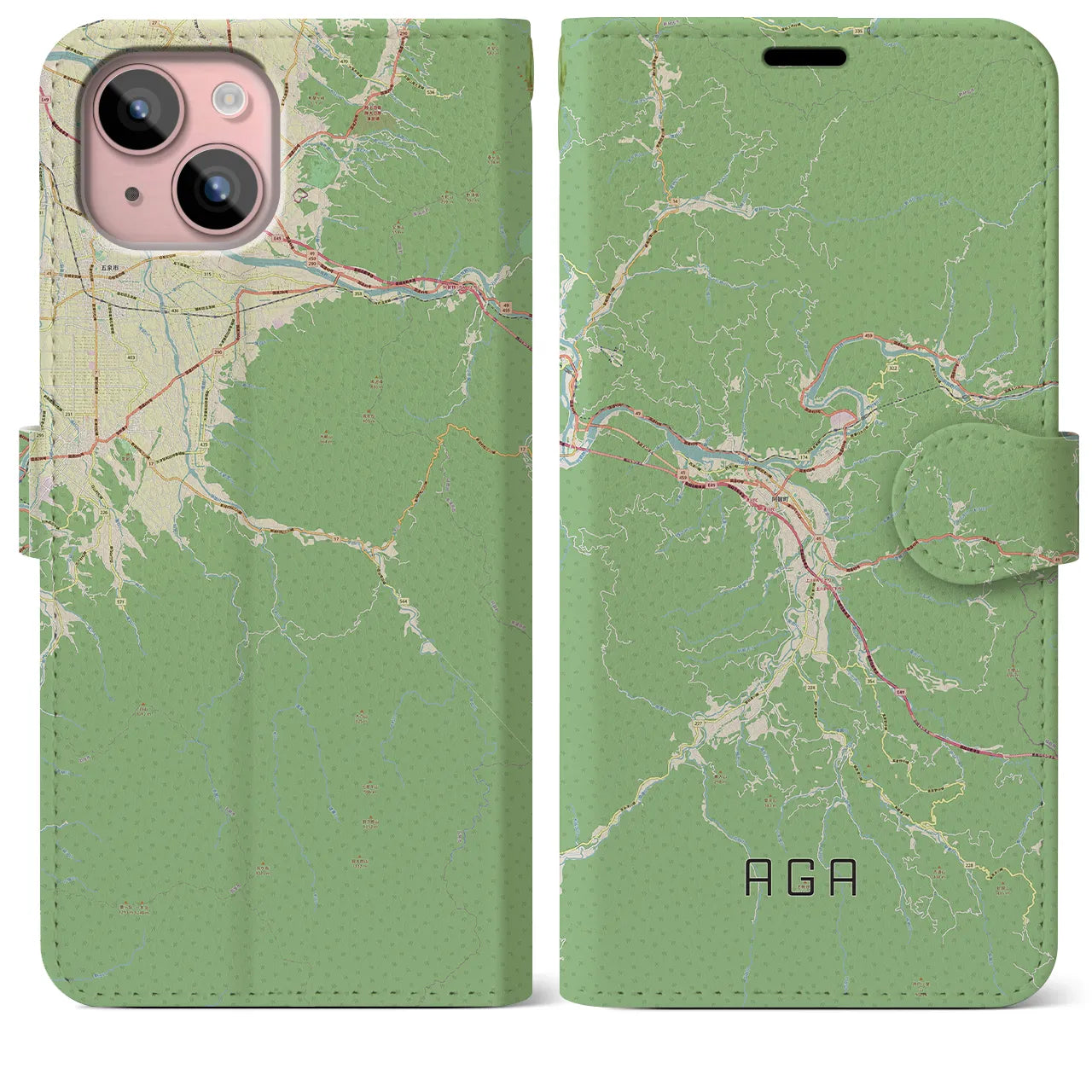 【阿賀(新潟県)】地図柄iPhoneケース(手帳タイプ)ナチュラル・iPhone 15 Plus 用