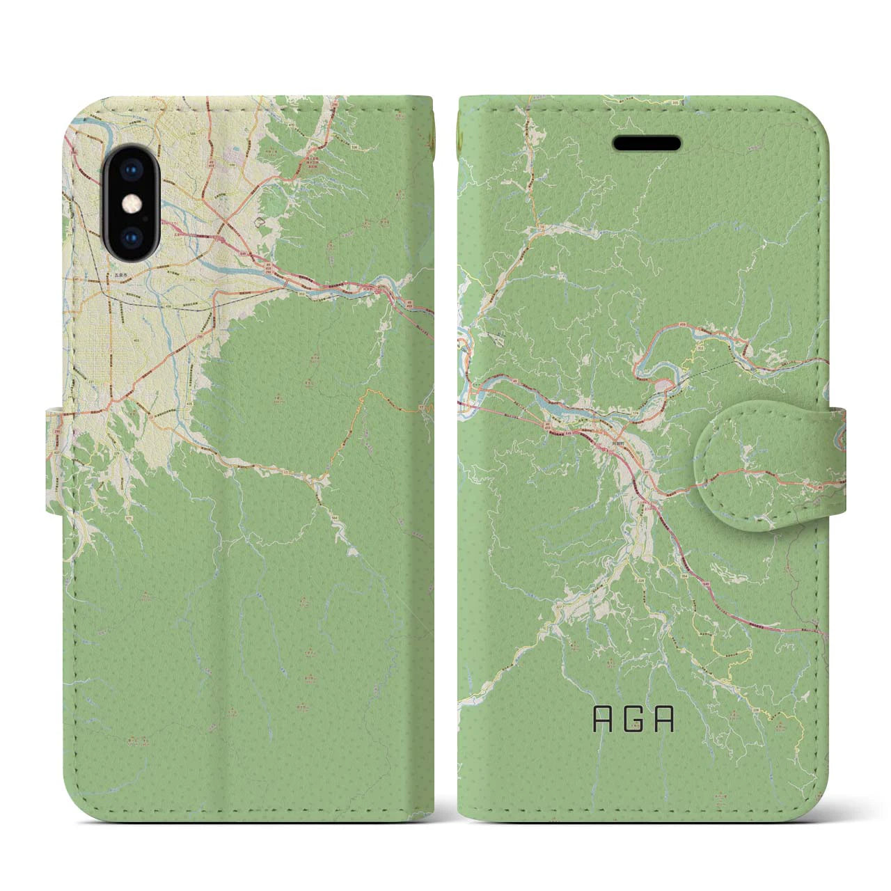 【阿賀(新潟県)】地図柄iPhoneケース(手帳タイプ)ナチュラル・iPhone XS / X 用