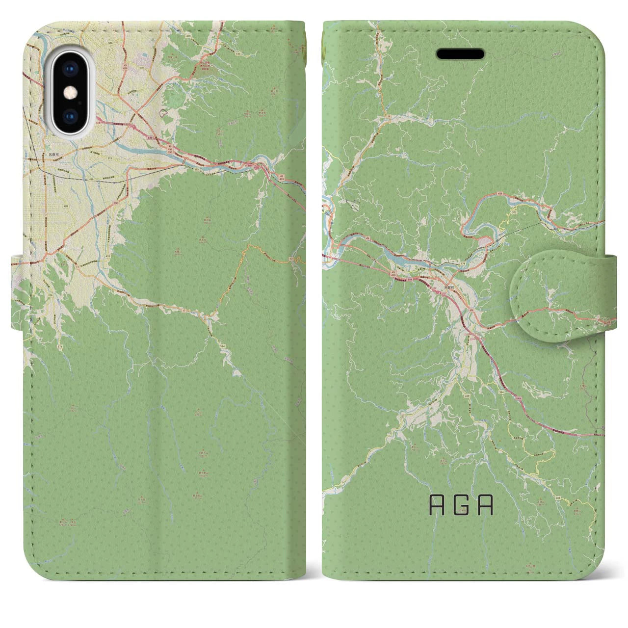 【阿賀(新潟県)】地図柄iPhoneケース(手帳タイプ)ナチュラル・iPhone XS Max 用