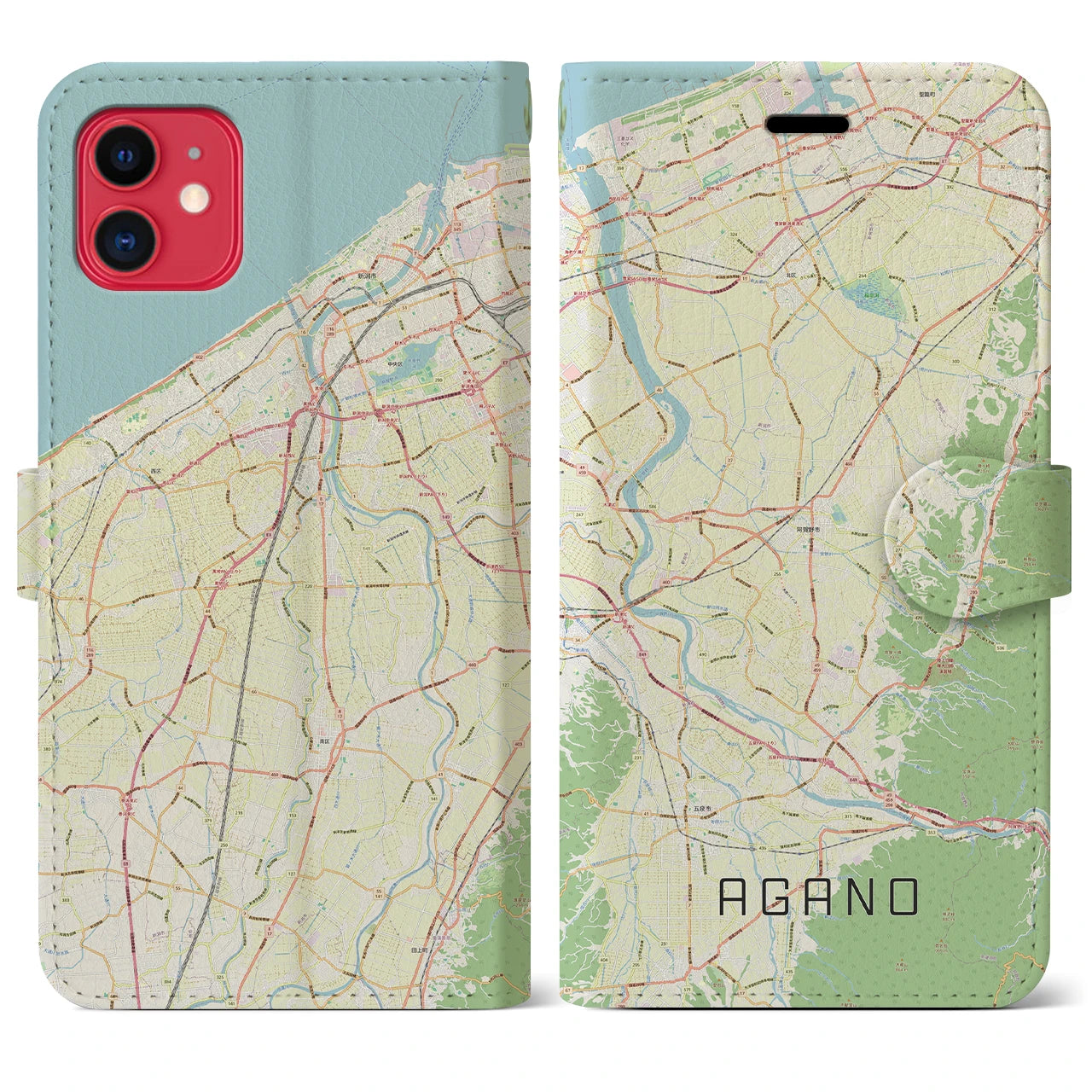 【阿賀野(新潟県)】地図柄iPhoneケース(手帳タイプ)ナチュラル・iPhone 11 用