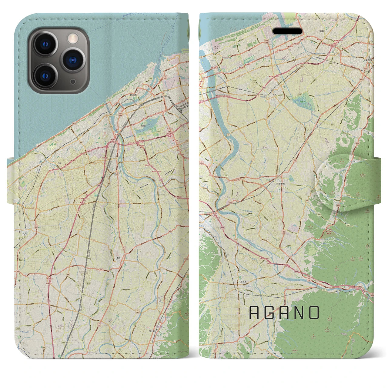 【阿賀野(新潟県)】地図柄iPhoneケース(手帳タイプ)ナチュラル・iPhone 11 Pro Max 用