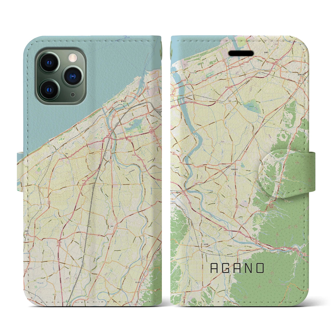 【阿賀野(新潟県)】地図柄iPhoneケース(手帳タイプ)ナチュラル・iPhone 11 Pro 用