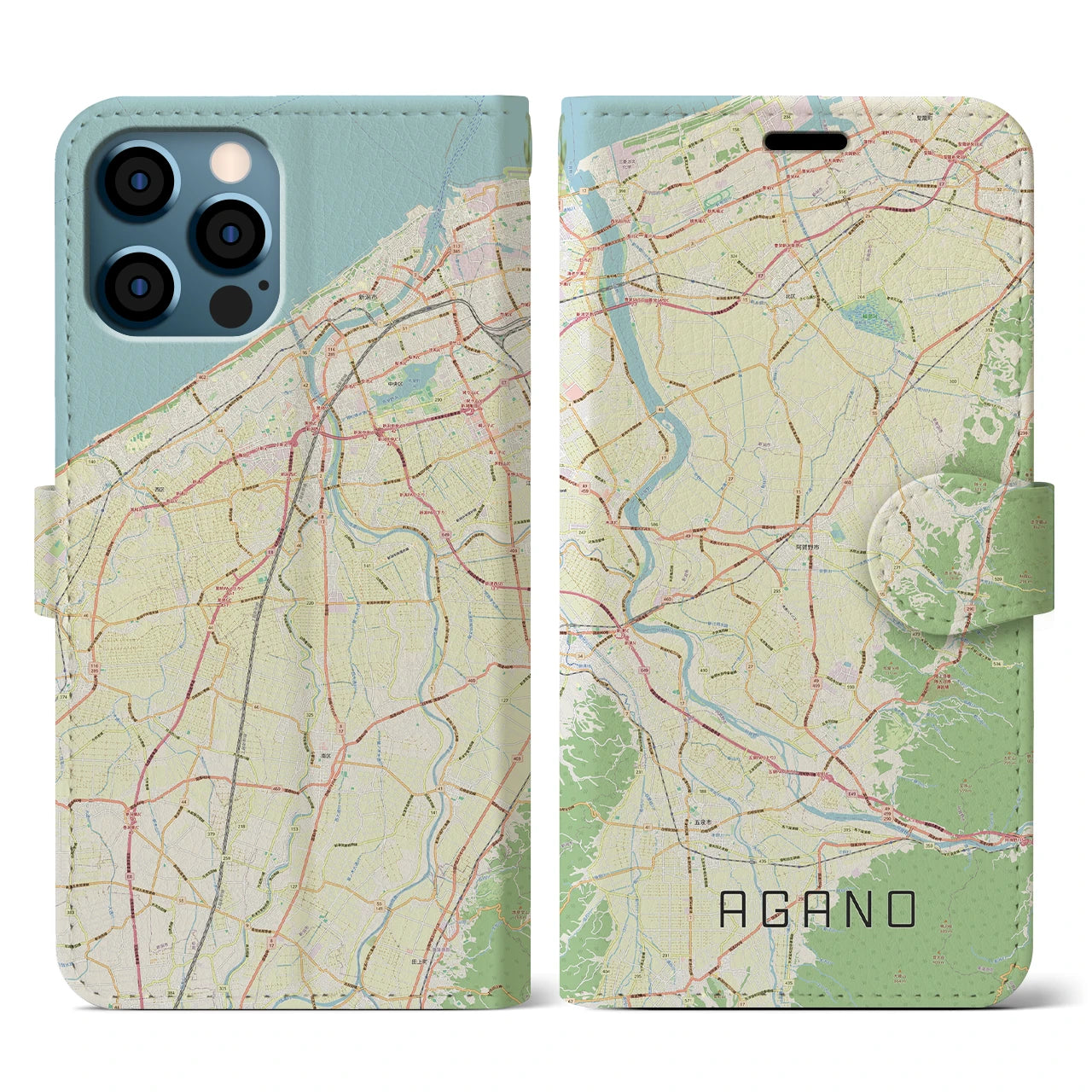 【阿賀野(新潟県)】地図柄iPhoneケース(手帳タイプ)ナチュラル・iPhone 12 / 12 Pro 用