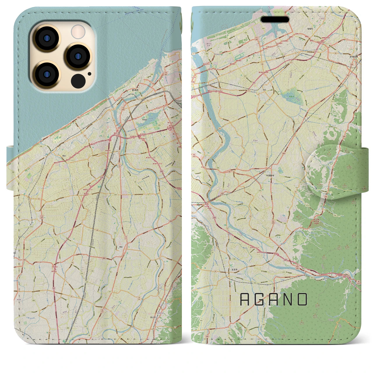 【阿賀野(新潟県)】地図柄iPhoneケース(手帳タイプ)ナチュラル・iPhone 12 Pro Max 用