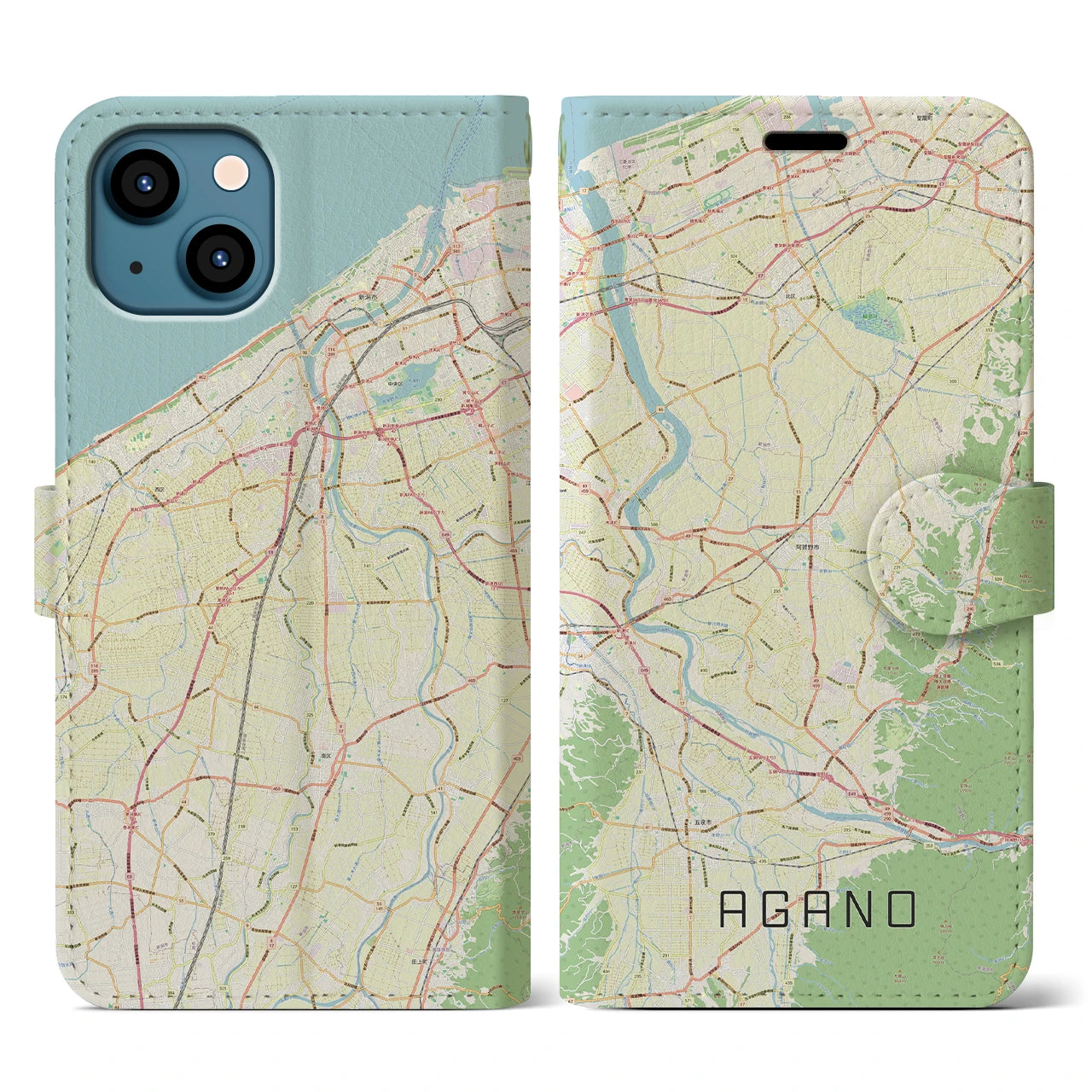 【阿賀野(新潟県)】地図柄iPhoneケース(手帳タイプ)ナチュラル・iPhone 13 用