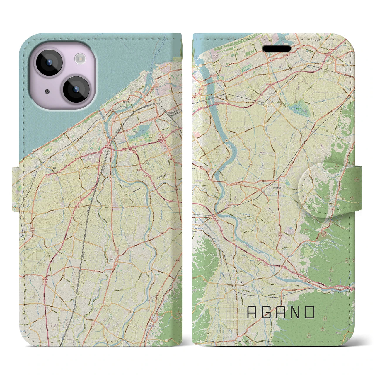 【阿賀野(新潟県)】地図柄iPhoneケース(手帳タイプ)ナチュラル・iPhone 14 用