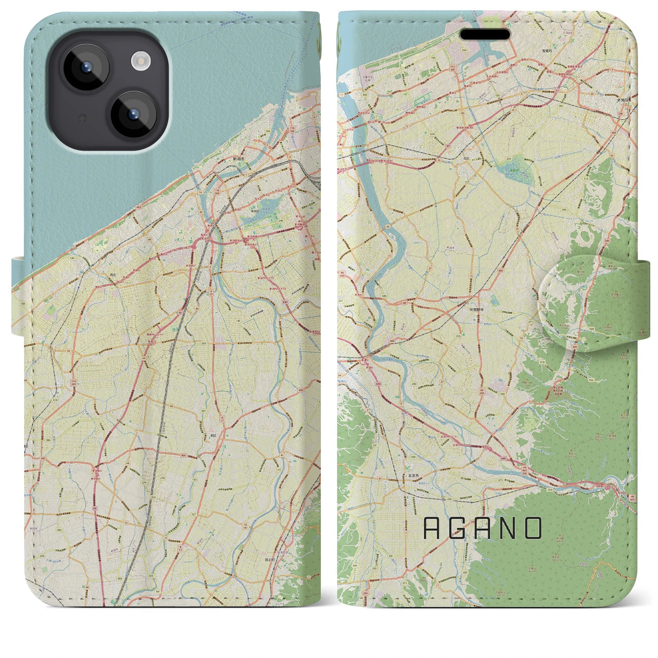【阿賀野(新潟県)】地図柄iPhoneケース(手帳タイプ)ナチュラル・iPhone 14 Plus 用
