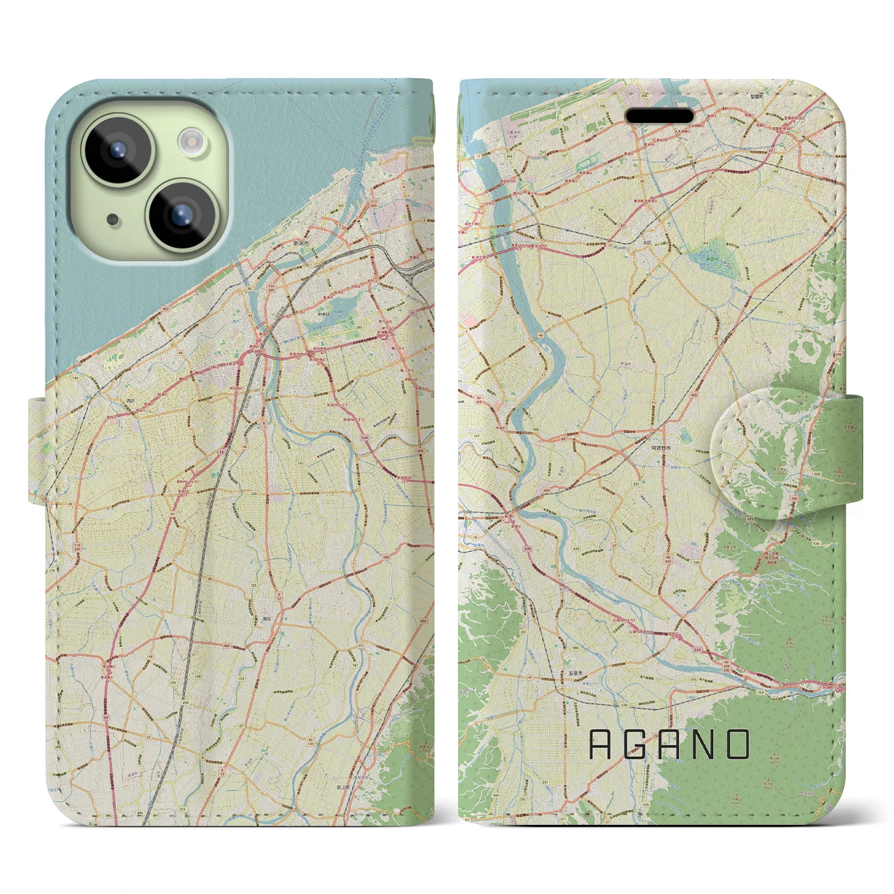 【阿賀野(新潟県)】地図柄iPhoneケース(手帳タイプ)ナチュラル・iPhone 15 用
