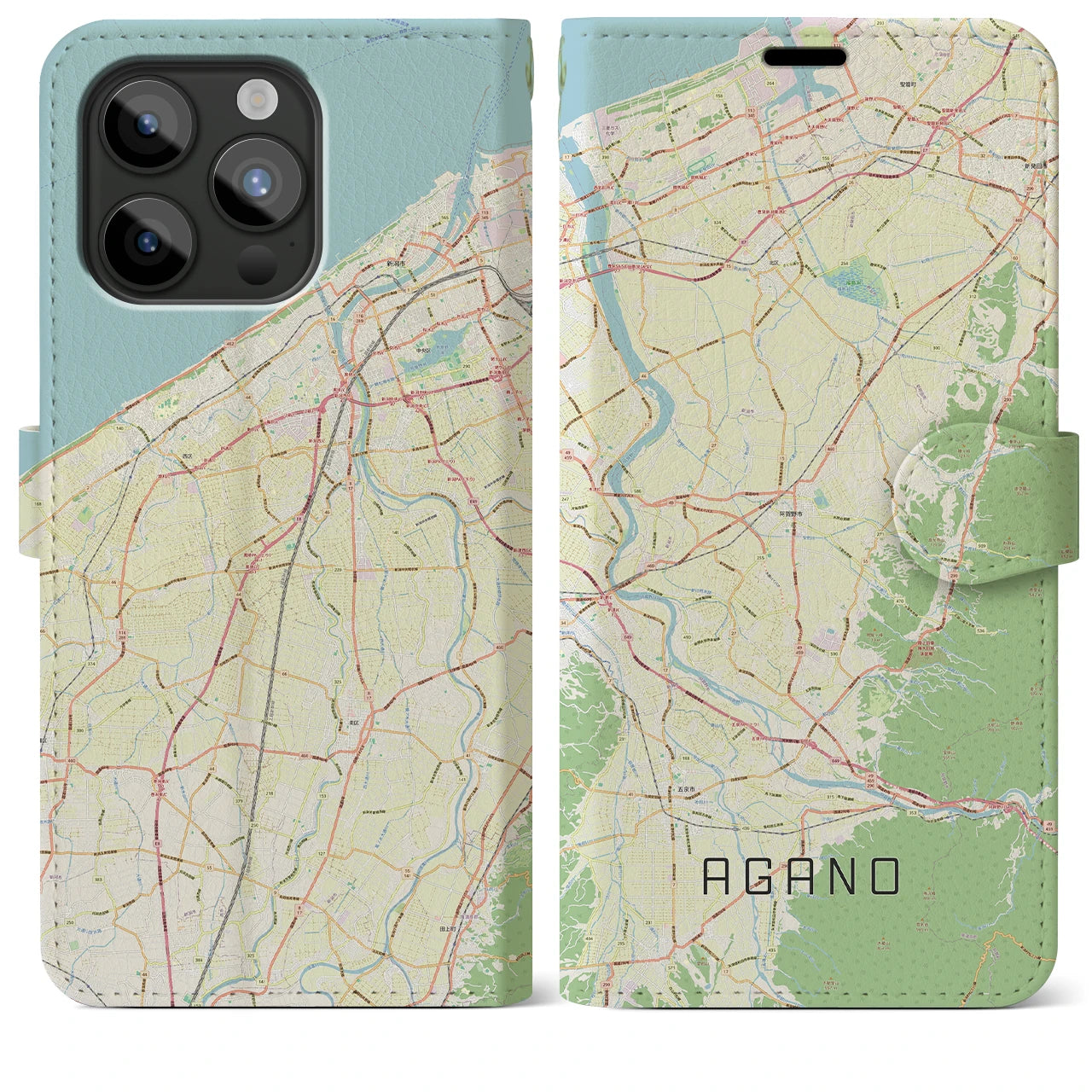 【阿賀野(新潟県)】地図柄iPhoneケース(手帳タイプ)ナチュラル・iPhone 15 Pro Max 用