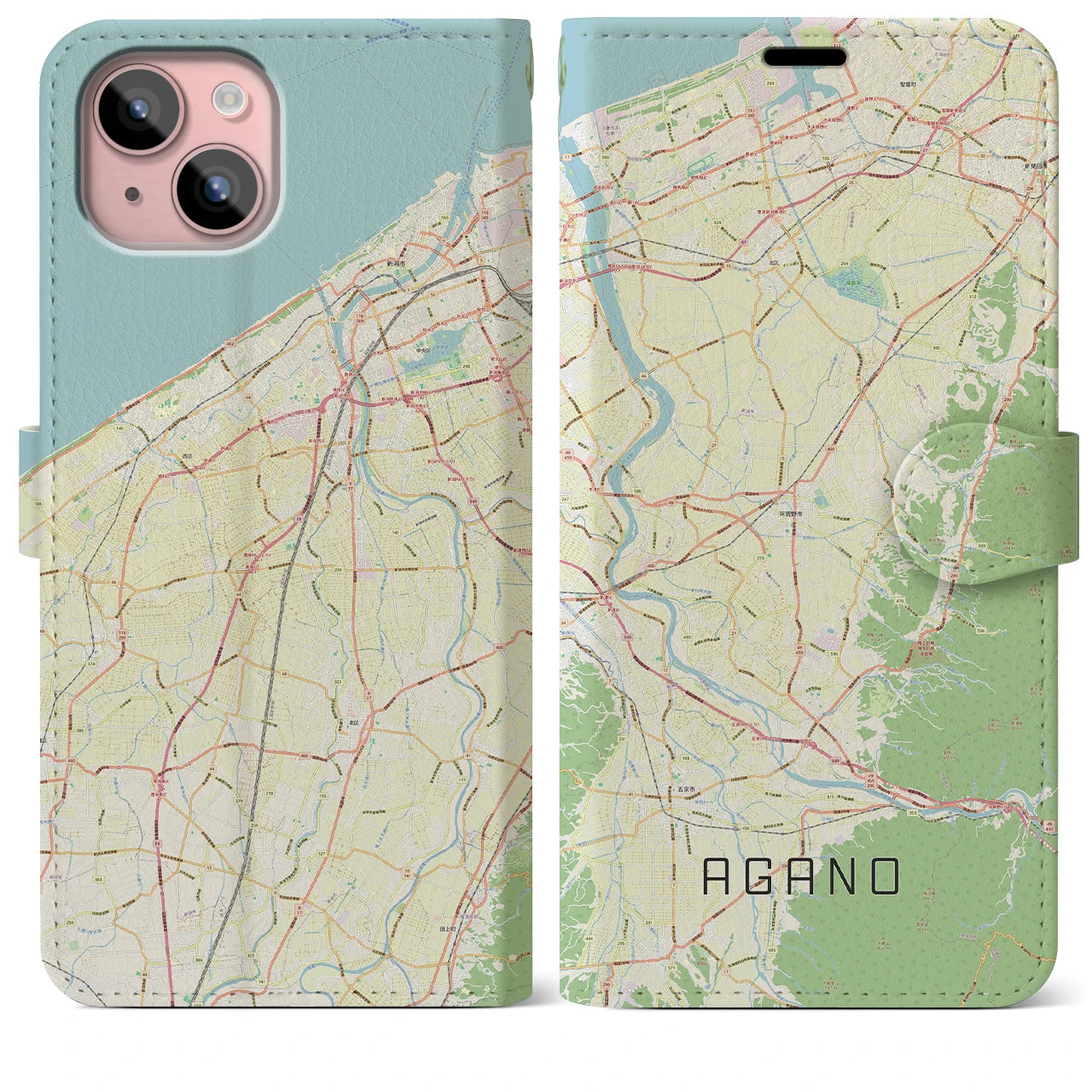 【阿賀野(新潟県)】地図柄iPhoneケース(手帳タイプ)ナチュラル・iPhone 15 Plus 用