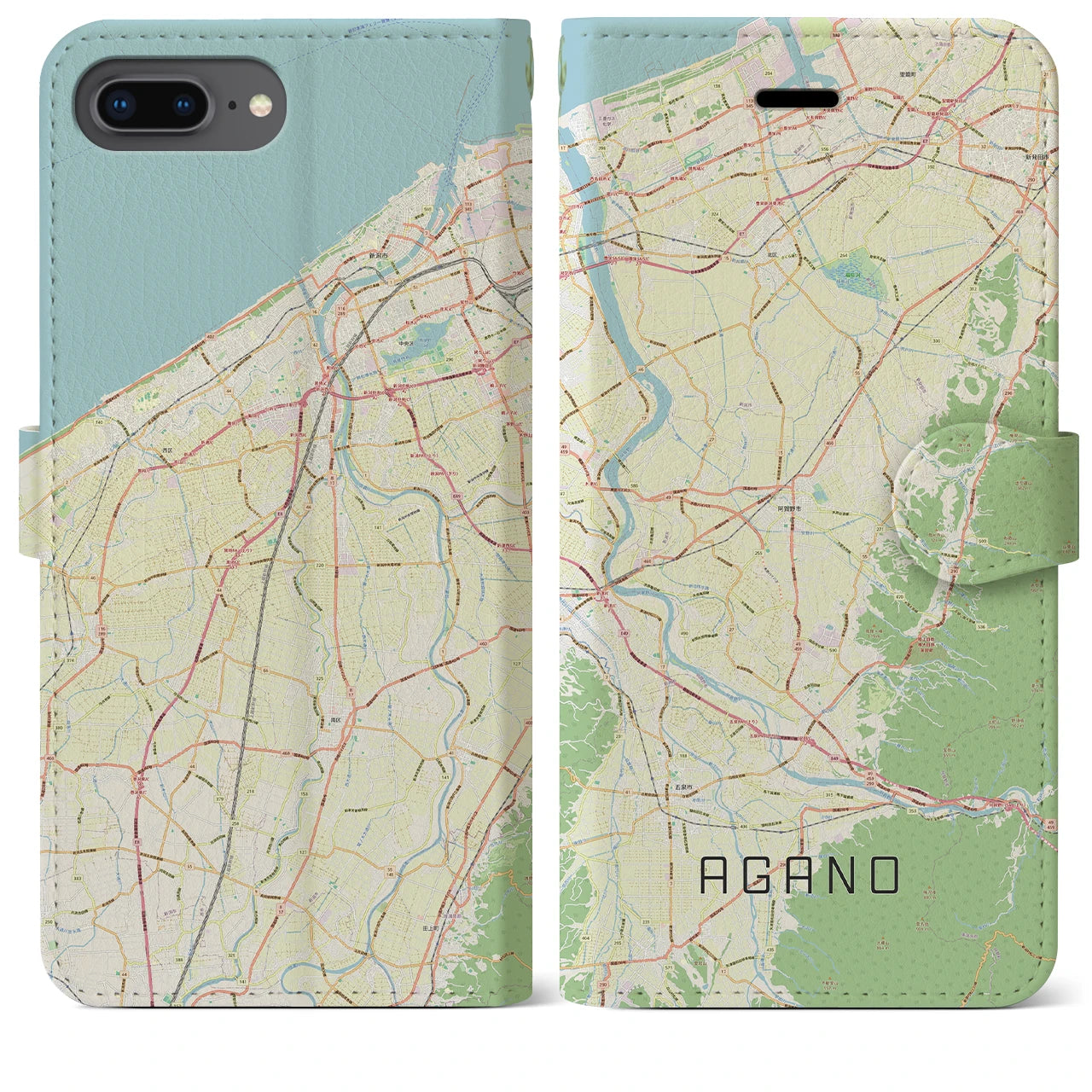 【阿賀野(新潟県)】地図柄iPhoneケース(手帳タイプ)ナチュラル・iPhone 8Plus /7Plus / 6sPlus / 6Plus 用