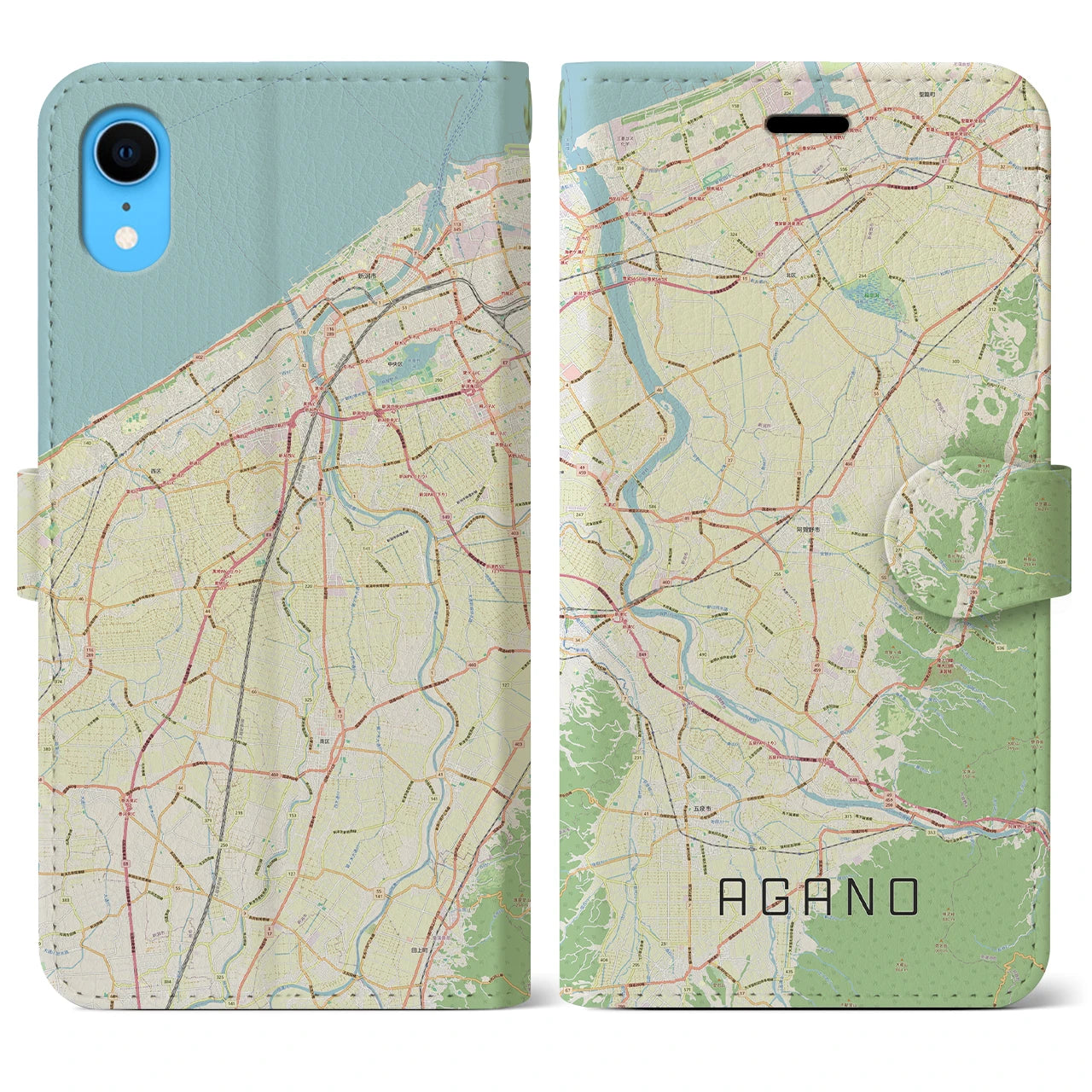 【阿賀野(新潟県)】地図柄iPhoneケース(手帳タイプ)ナチュラル・iPhone XR 用