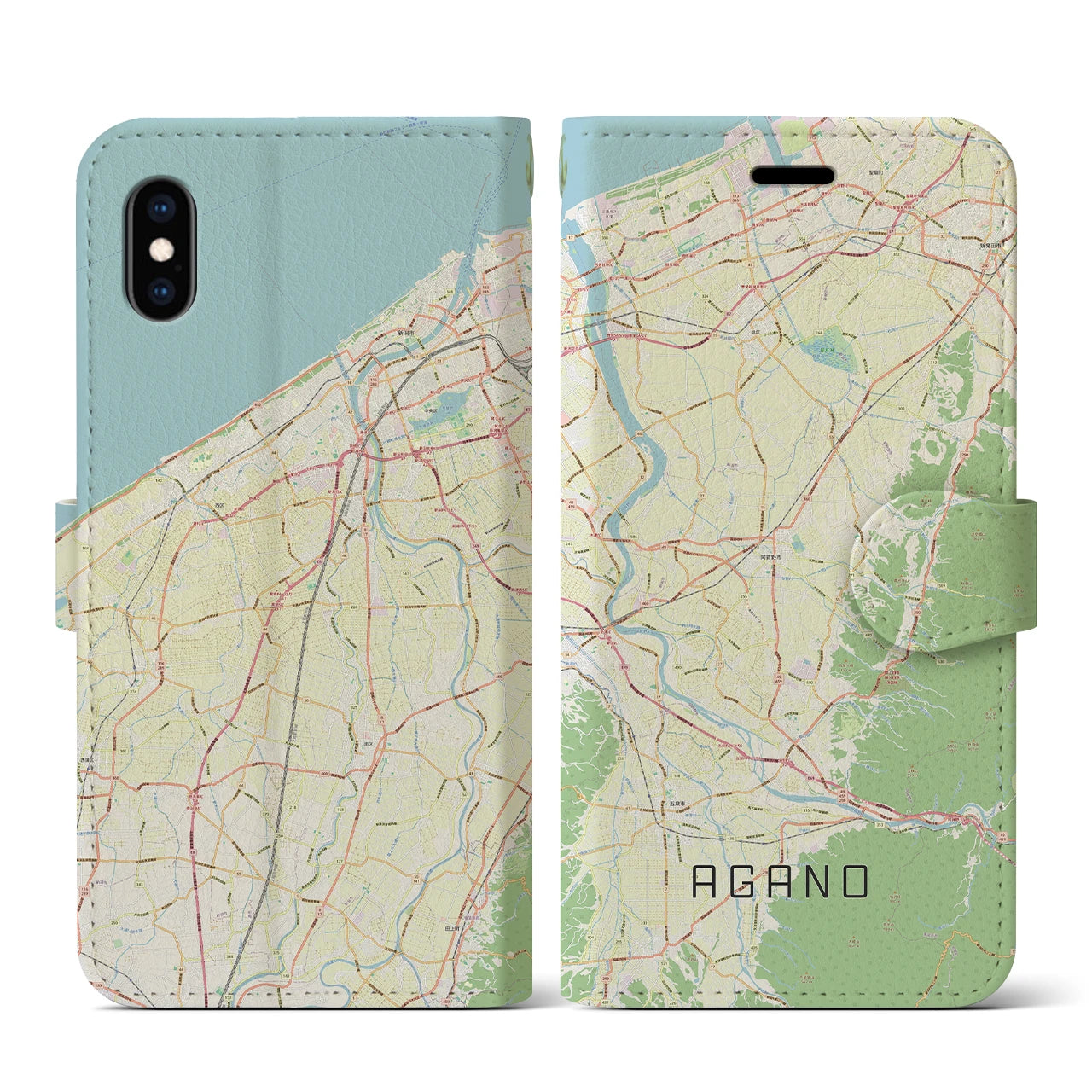 【阿賀野(新潟県)】地図柄iPhoneケース(手帳タイプ)ナチュラル・iPhone XS / X 用