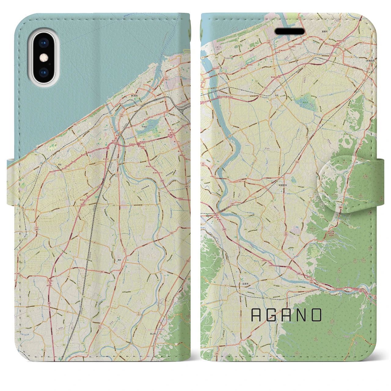 【阿賀野(新潟県)】地図柄iPhoneケース(手帳タイプ)ナチュラル・iPhone XS Max 用