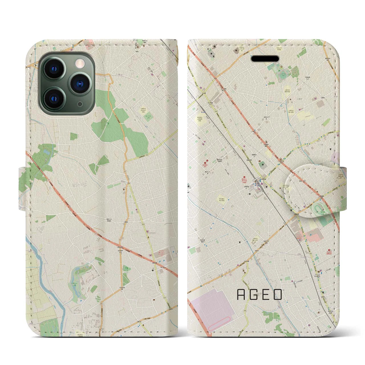 【上尾(埼玉県)】地図柄iPhoneケース(手帳タイプ)ナチュラル・iPhone 11 Pro 用