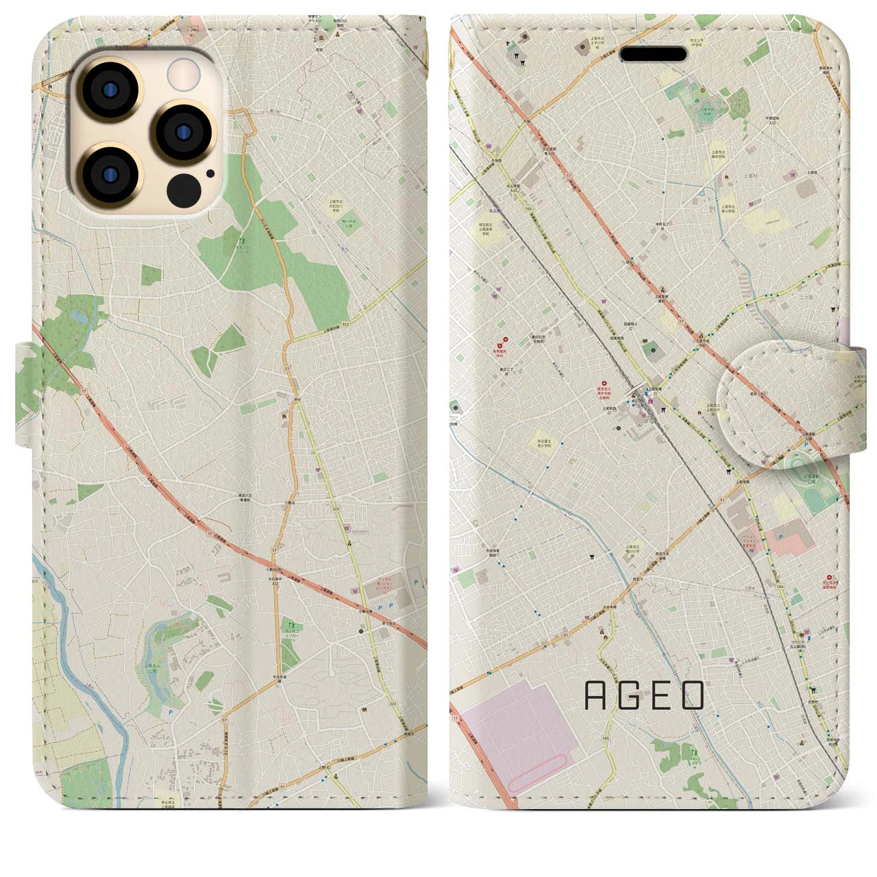 【上尾(埼玉県)】地図柄iPhoneケース(手帳タイプ)ナチュラル・iPhone 12 Pro Max 用