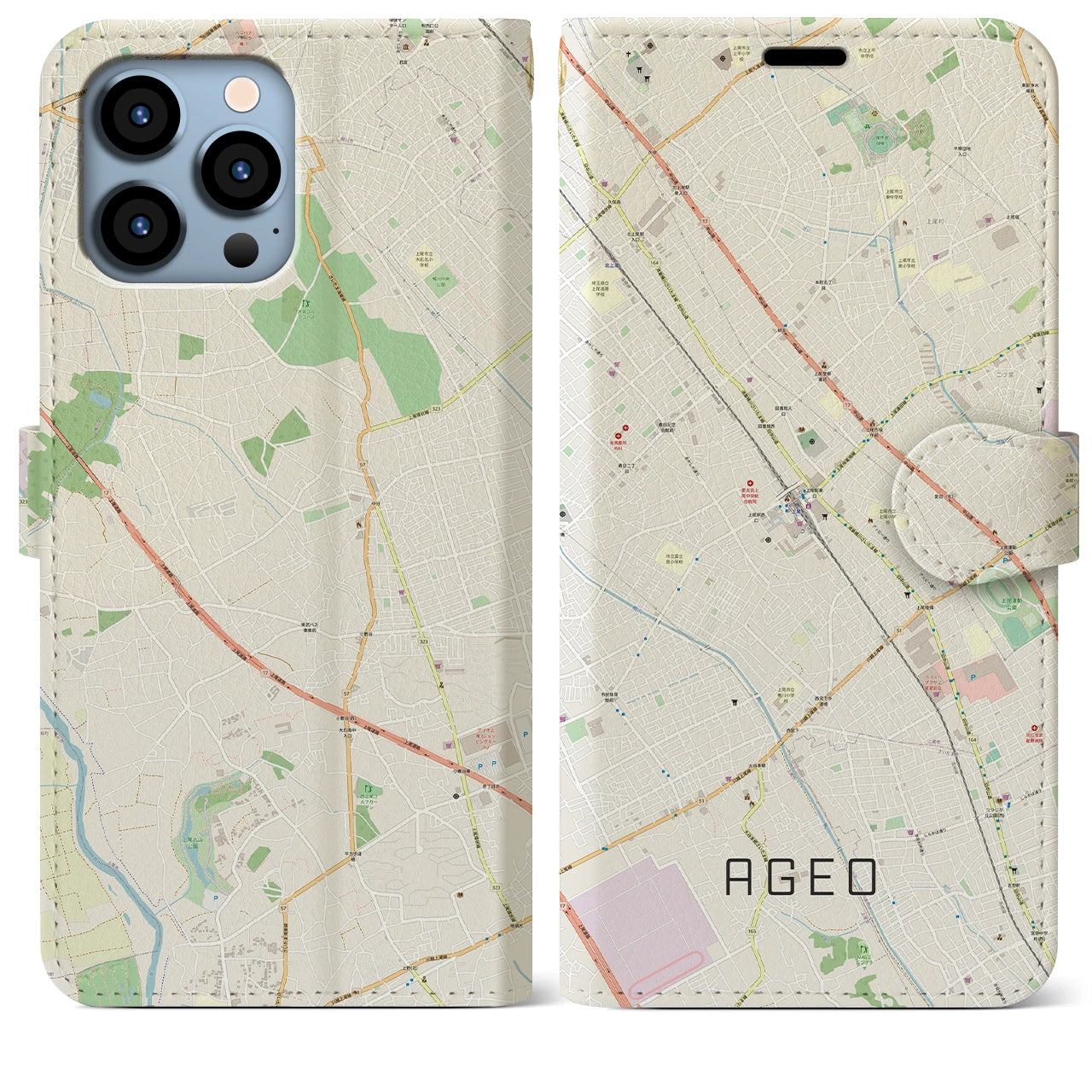 【上尾(埼玉県)】地図柄iPhoneケース(手帳タイプ)ナチュラル・iPhone 13 Pro Max 用