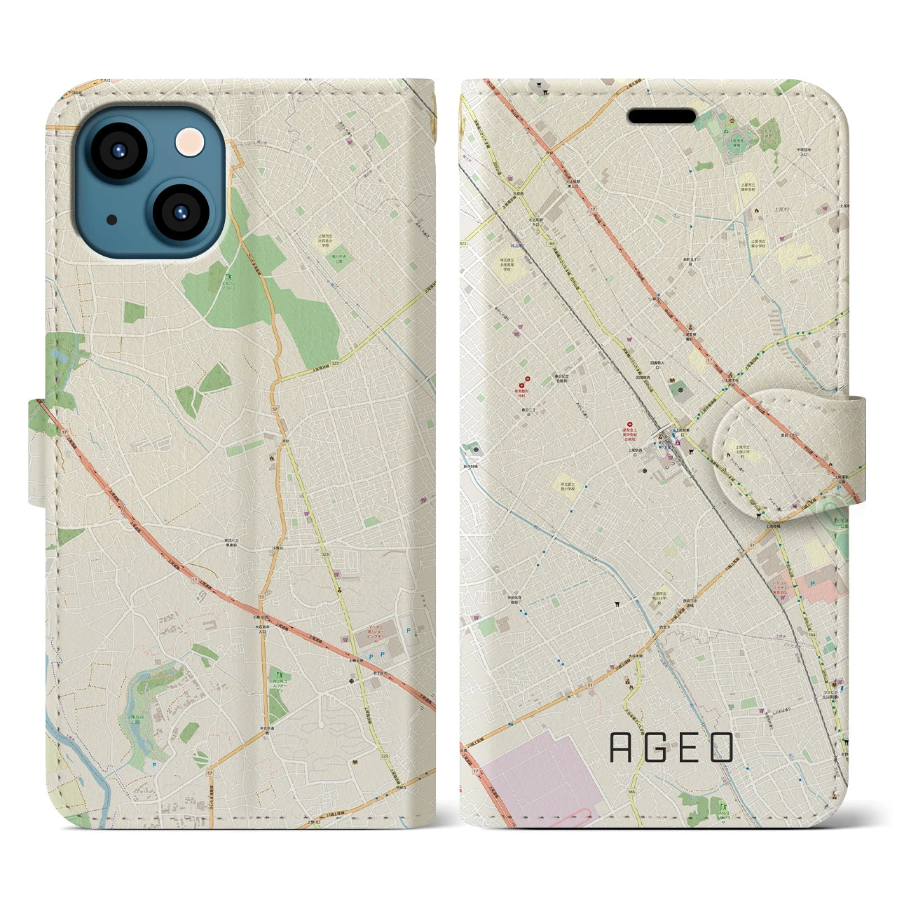 【上尾(埼玉県)】地図柄iPhoneケース(手帳タイプ)ナチュラル・iPhone 13 用