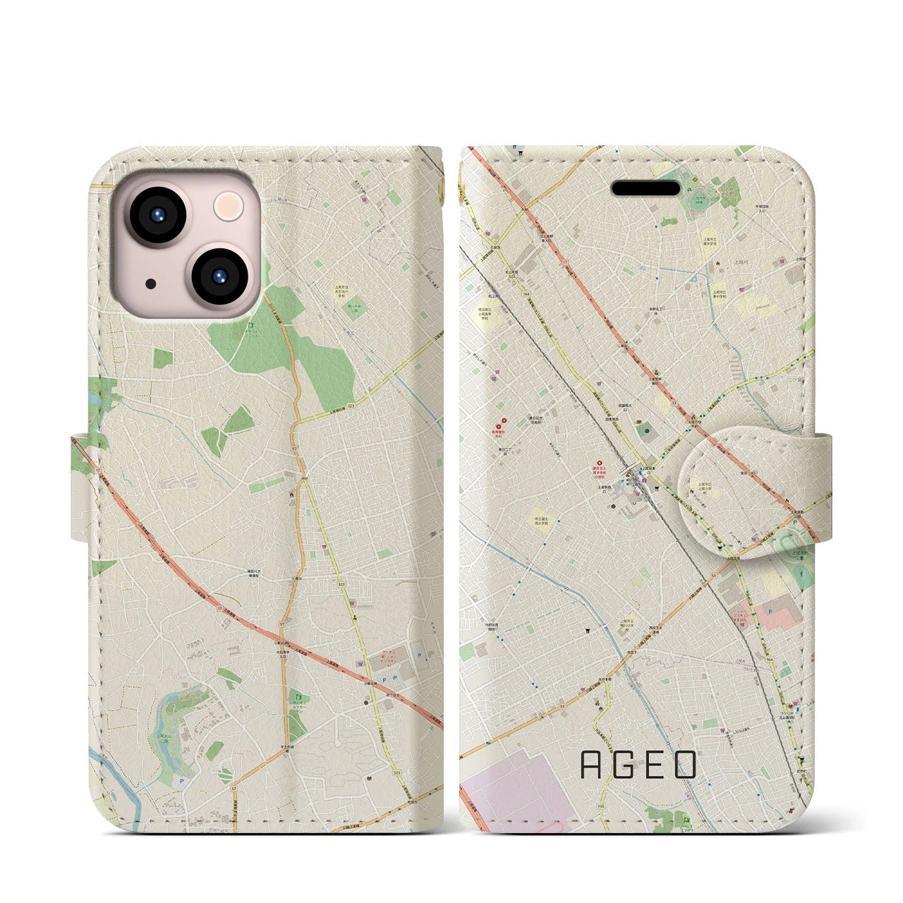 【上尾(埼玉県)】地図柄iPhoneケース(手帳タイプ)ナチュラル・iPhone 13 mini 用