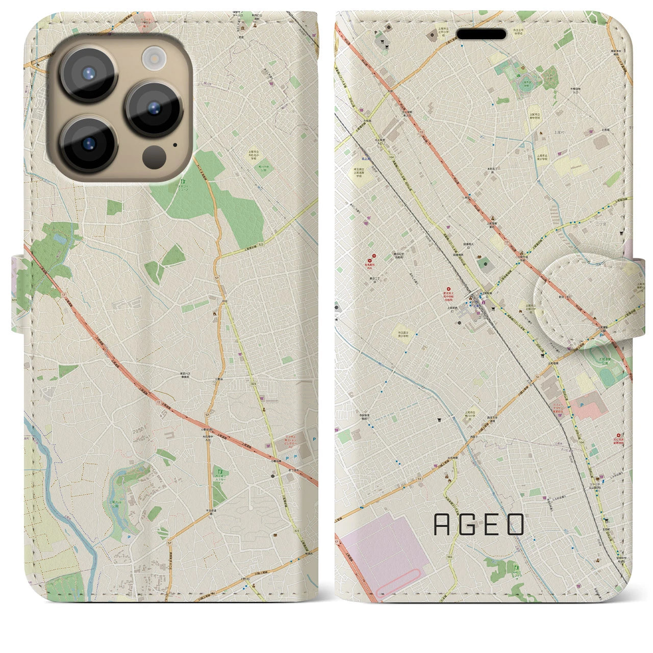 【上尾(埼玉県)】地図柄iPhoneケース(手帳タイプ)ナチュラル・iPhone 14 Pro Max 用