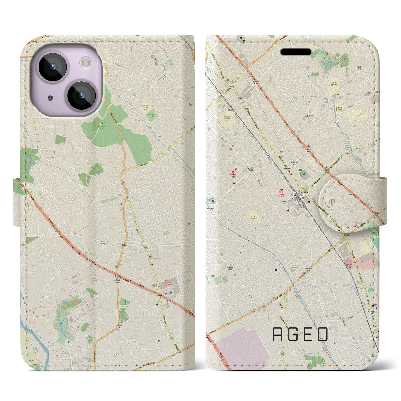 【上尾(埼玉県)】地図柄iPhoneケース(手帳タイプ)ナチュラル・iPhone 14 用