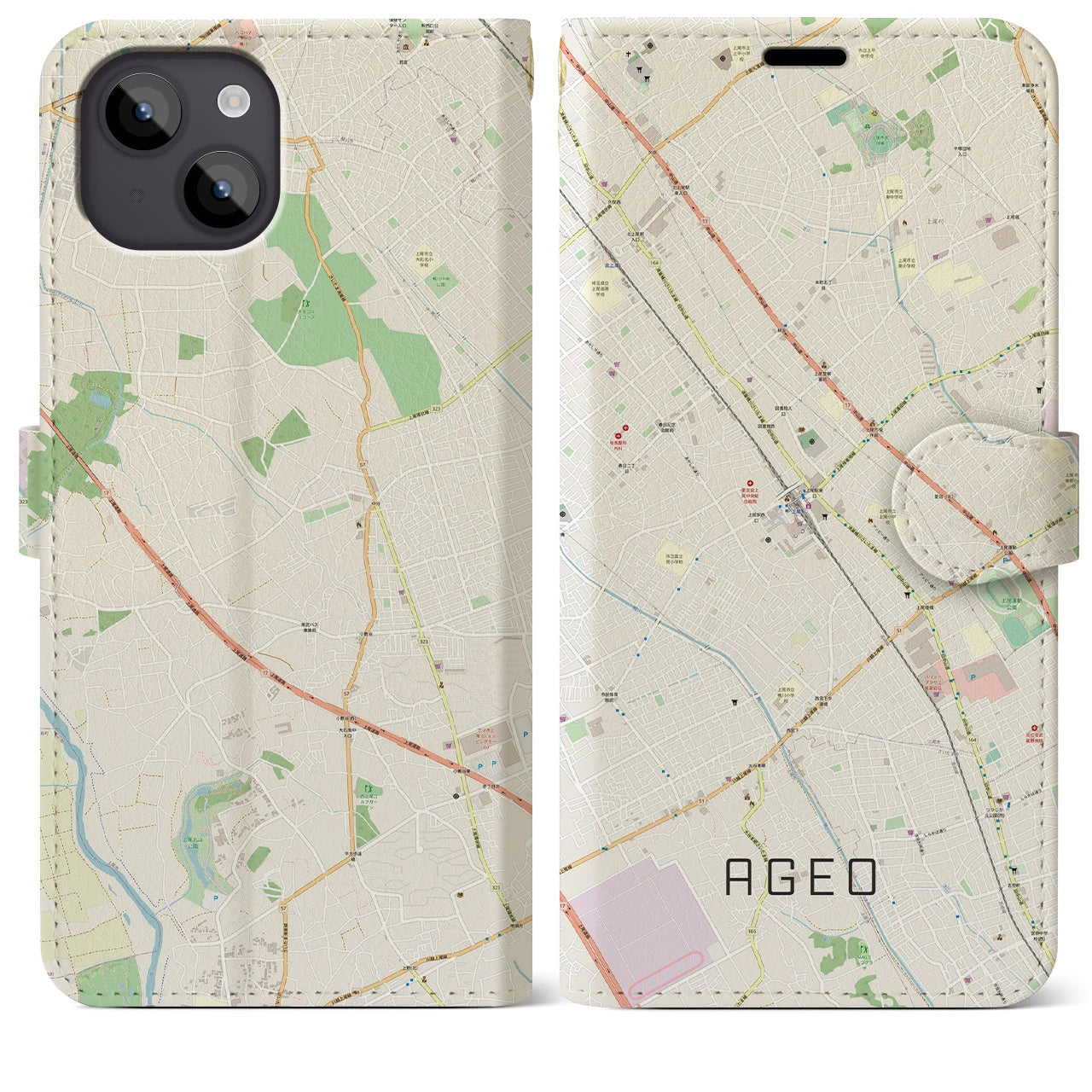 【上尾(埼玉県)】地図柄iPhoneケース(手帳タイプ)ナチュラル・iPhone 14 Plus 用