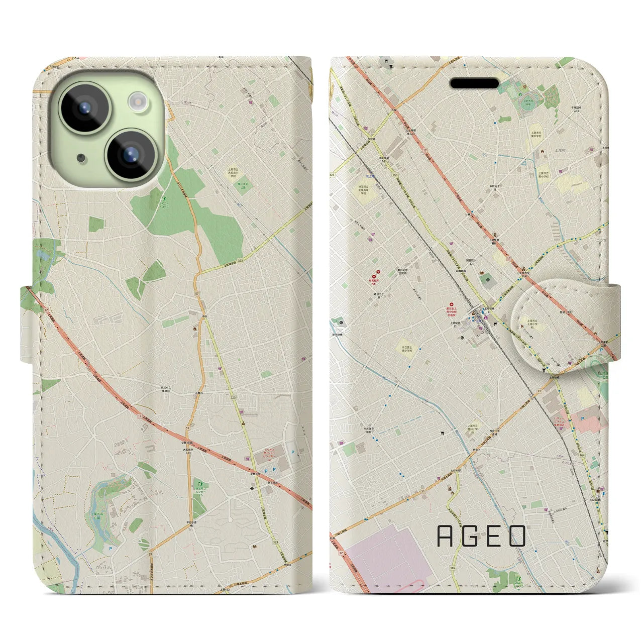 【上尾(埼玉県)】地図柄iPhoneケース(手帳タイプ)ナチュラル・iPhone 15 用