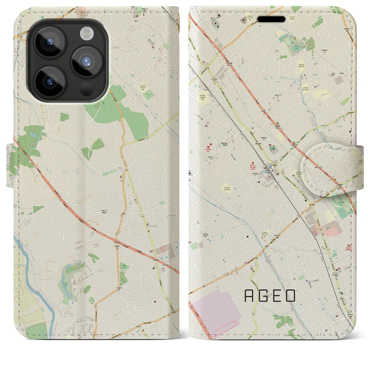 【上尾(埼玉県)】地図柄iPhoneケース(手帳タイプ)ナチュラル・iPhone 15 Pro Max 用