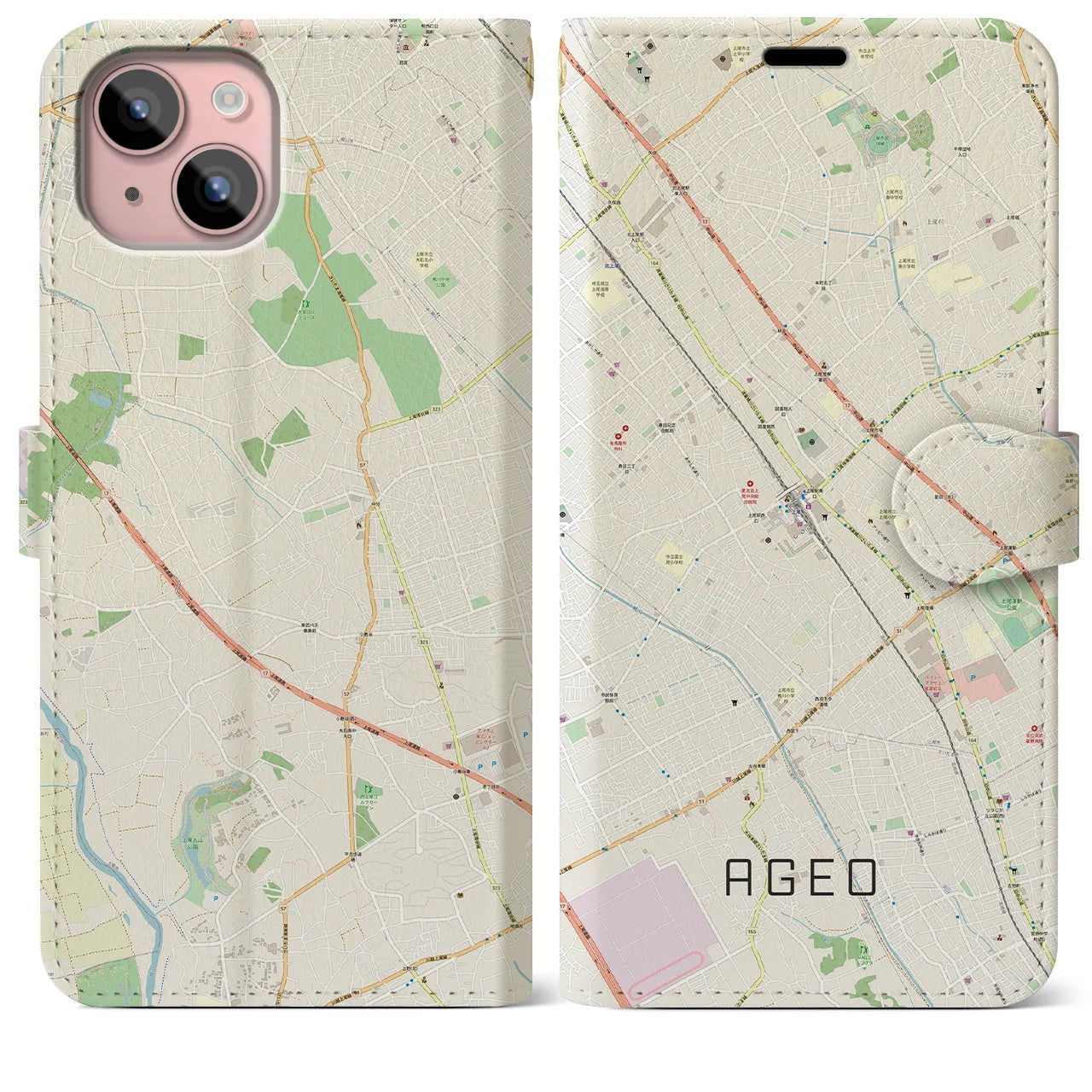 【上尾(埼玉県)】地図柄iPhoneケース(手帳タイプ)ナチュラル・iPhone 15 Plus 用