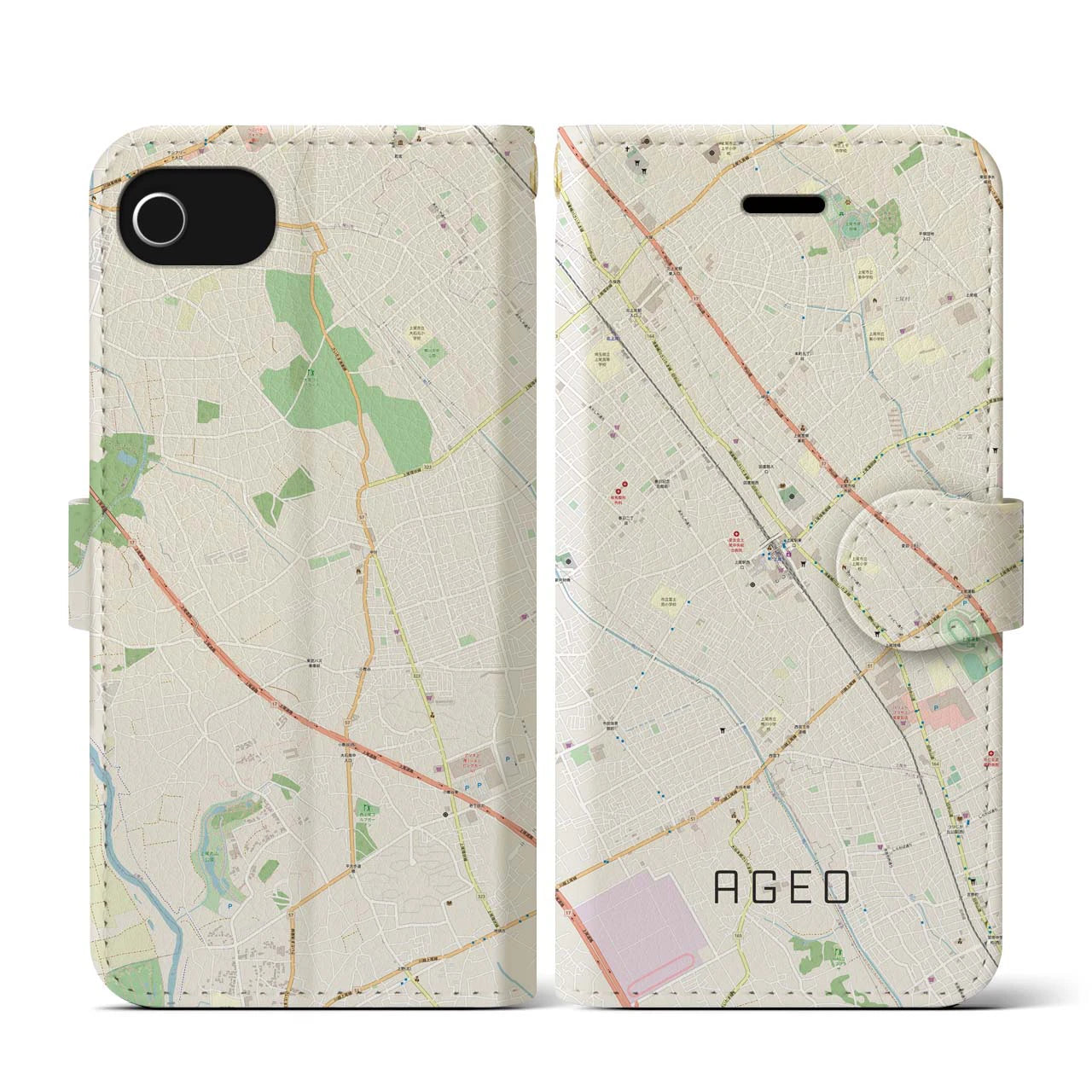 【上尾(埼玉県)】地図柄iPhoneケース(手帳タイプ)ナチュラル・iPhone SE(第3 / 第2世代) / 8 / 7 / 6s / 6 用
