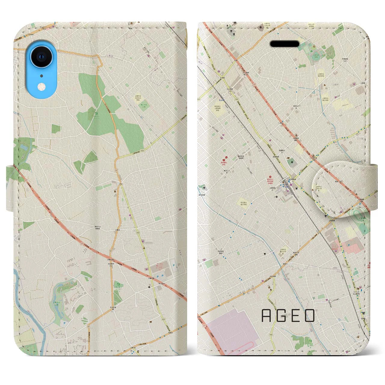 【上尾(埼玉県)】地図柄iPhoneケース(手帳タイプ)ナチュラル・iPhone XR 用
