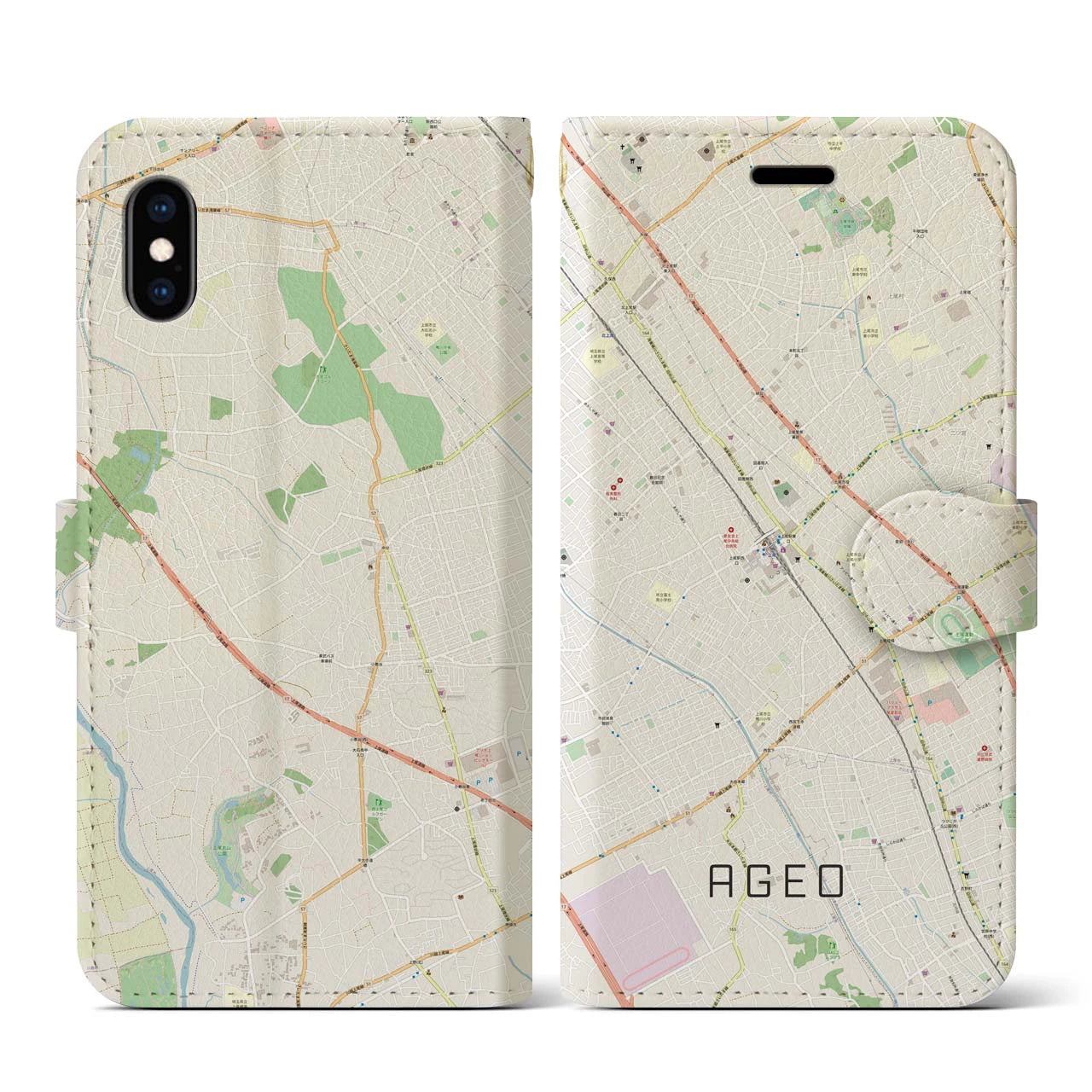【上尾(埼玉県)】地図柄iPhoneケース(手帳タイプ)ナチュラル・iPhone XS / X 用