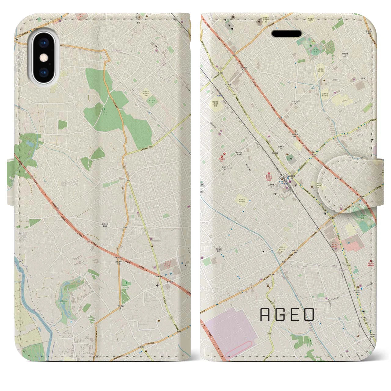 【上尾(埼玉県)】地図柄iPhoneケース(手帳タイプ)ナチュラル・iPhone XS Max 用