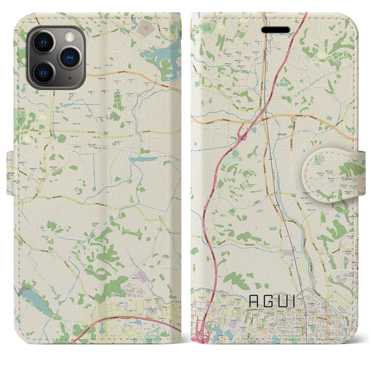【阿久比(愛知県)】地図柄iPhoneケース(手帳タイプ)ナチュラル・iPhone 11 Pro Max 用
