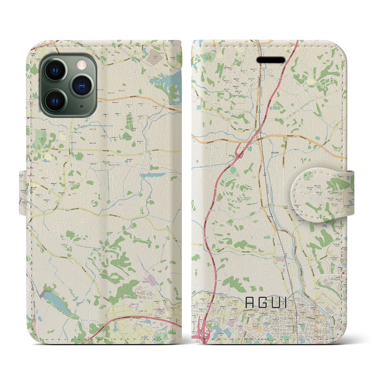 【阿久比(愛知県)】地図柄iPhoneケース(手帳タイプ)ナチュラル・iPhone 11 Pro 用