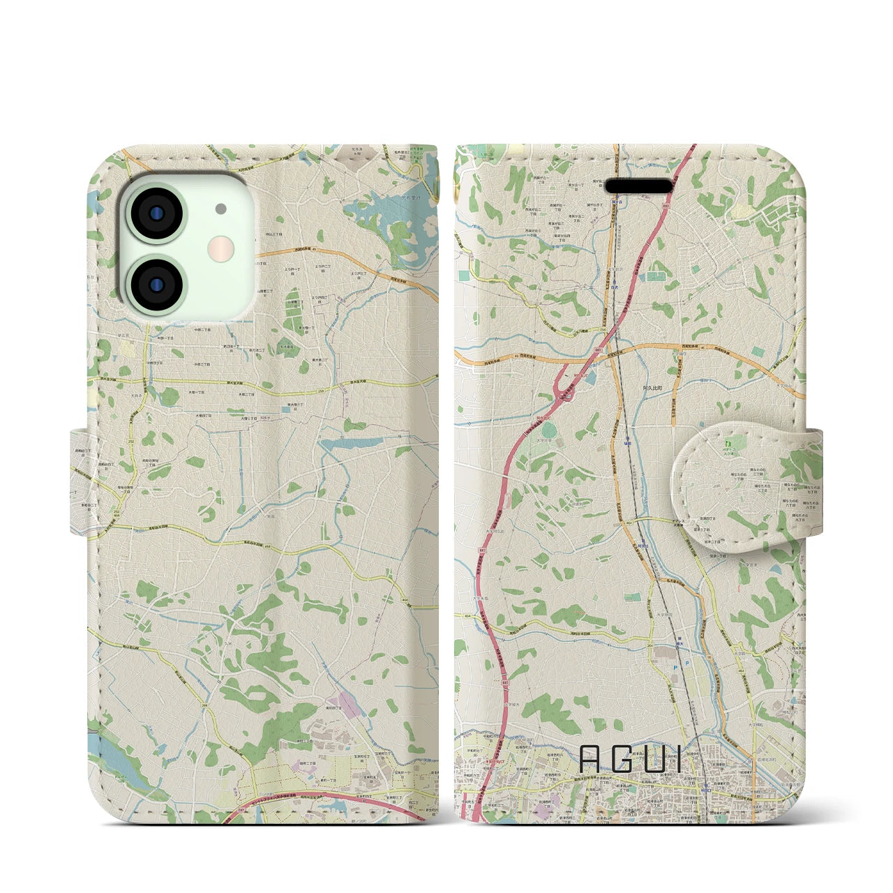 【阿久比(愛知県)】地図柄iPhoneケース(手帳タイプ)ナチュラル・iPhone 12 mini 用