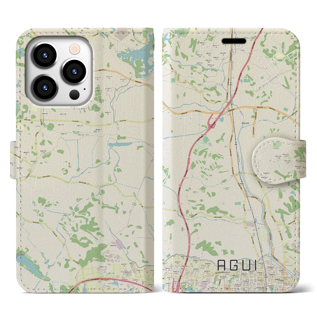 【阿久比(愛知県)】地図柄iPhoneケース(手帳タイプ)ナチュラル・iPhone 13 Pro 用