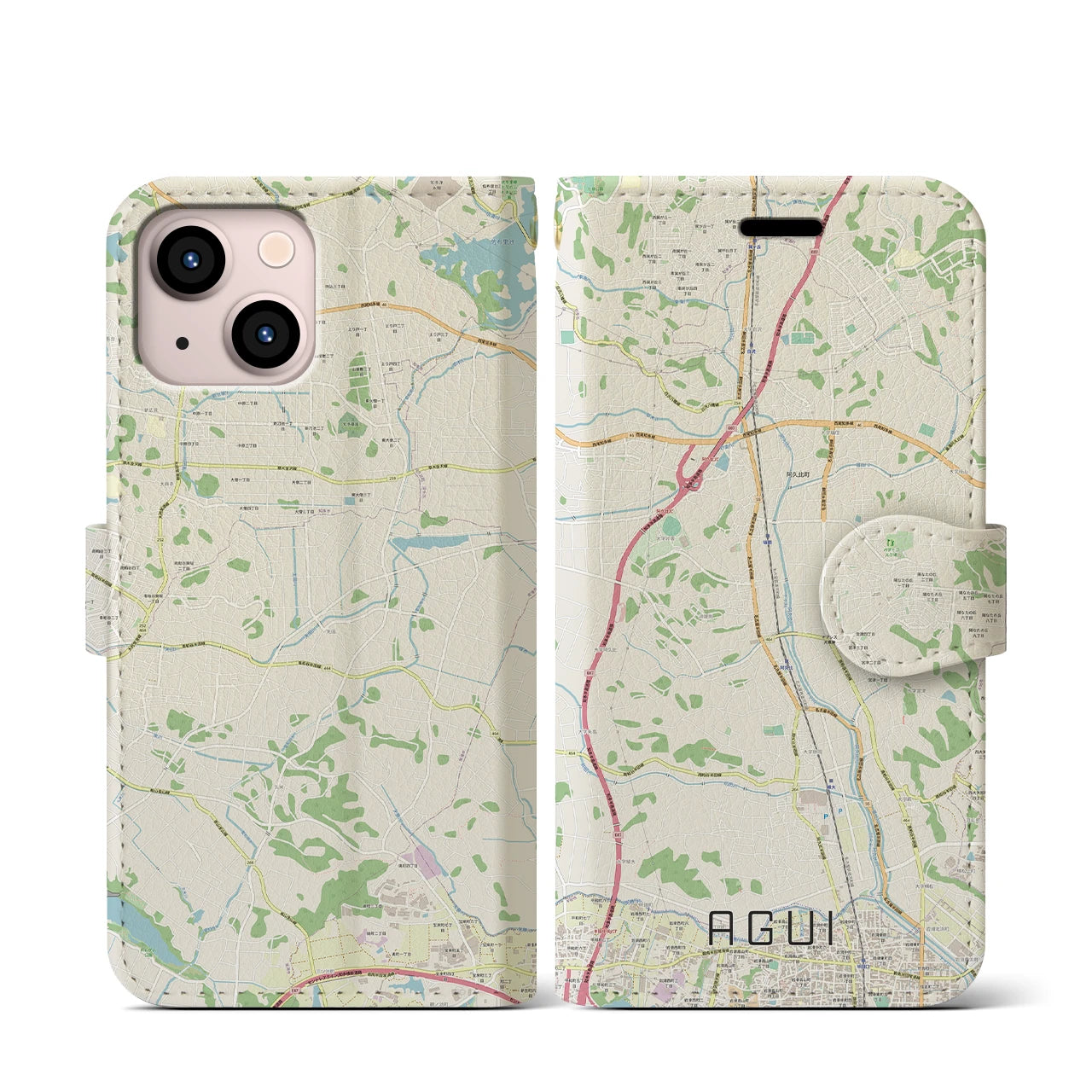 【阿久比(愛知県)】地図柄iPhoneケース(手帳タイプ)ナチュラル・iPhone 13 mini 用