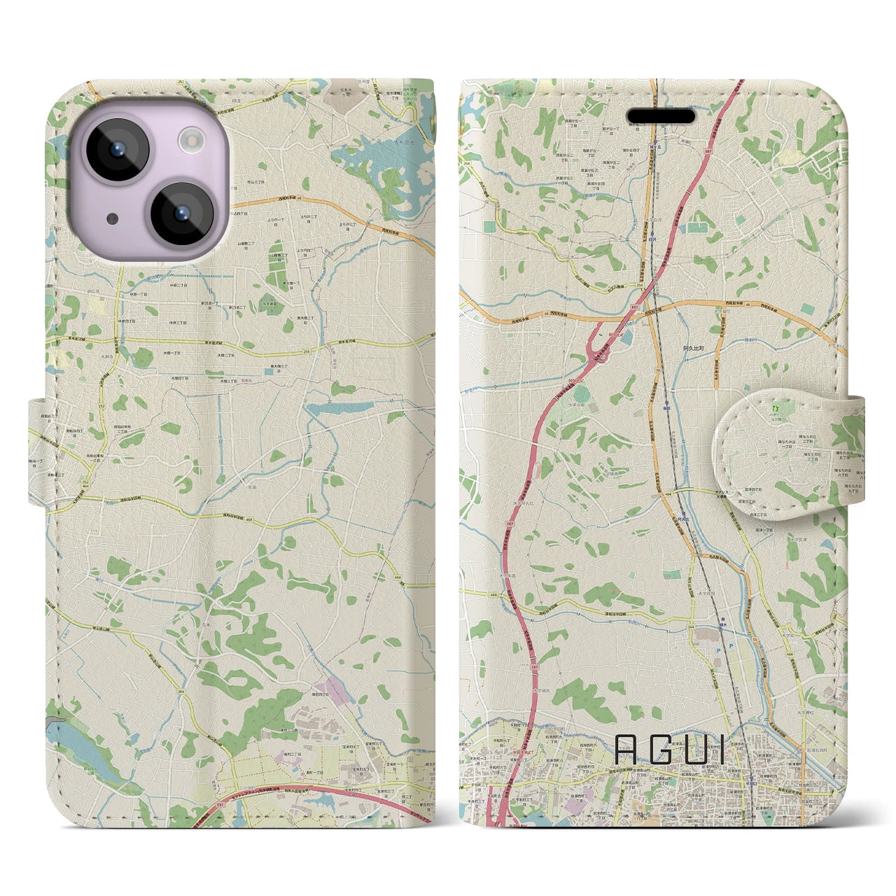 【阿久比(愛知県)】地図柄iPhoneケース(手帳タイプ)ナチュラル・iPhone 14 用