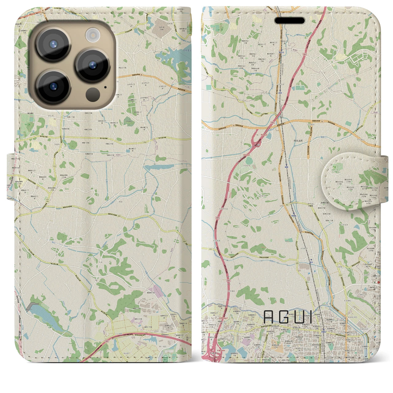 【阿久比(愛知県)】地図柄iPhoneケース(手帳タイプ)ナチュラル・iPhone 14 Pro Max 用