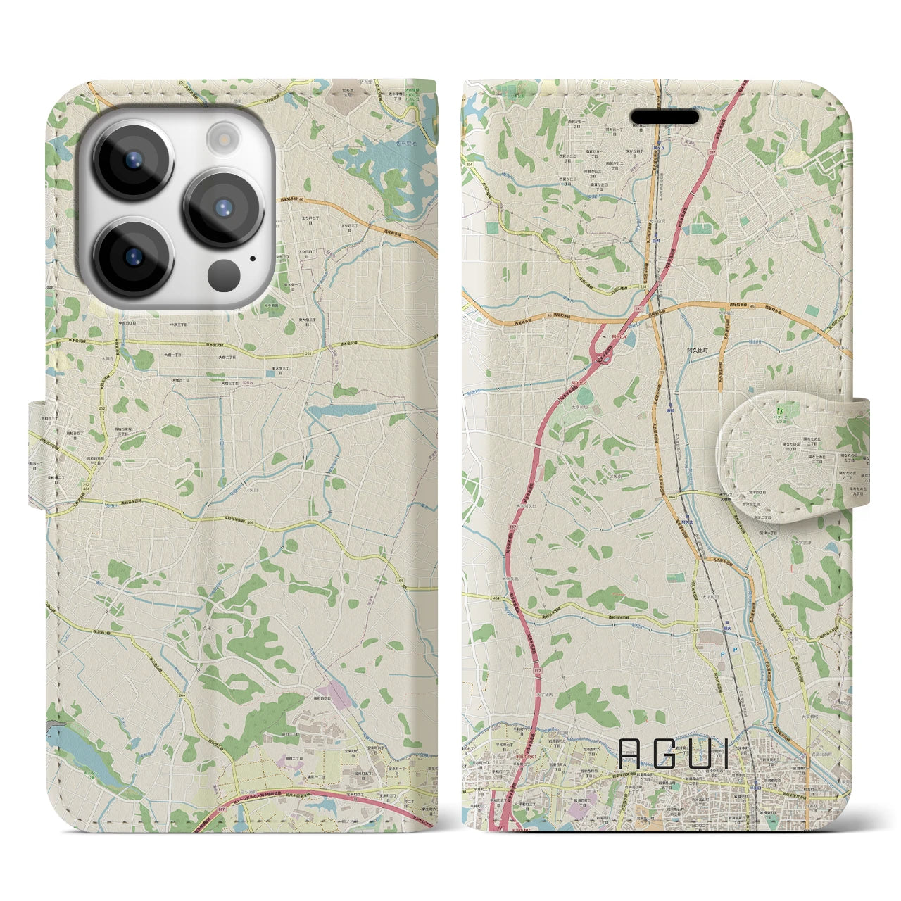 【阿久比(愛知県)】地図柄iPhoneケース(手帳タイプ)ナチュラル・iPhone 14 Pro 用