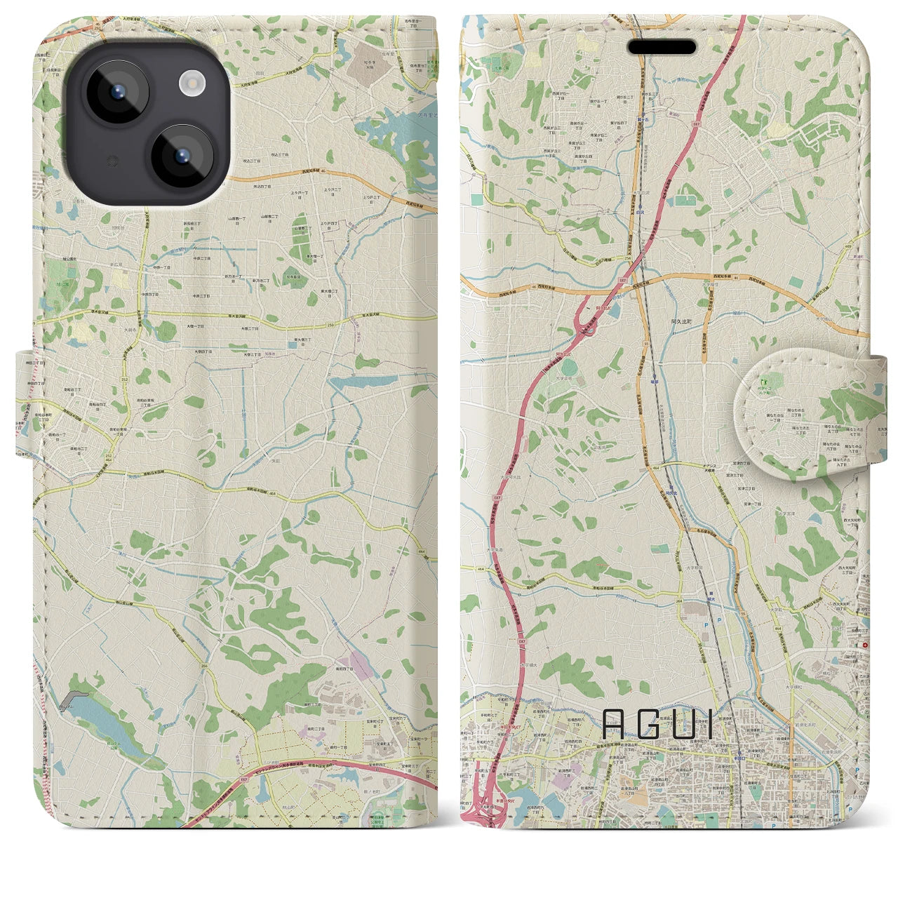 【阿久比(愛知県)】地図柄iPhoneケース(手帳タイプ)ナチュラル・iPhone 14 Plus 用